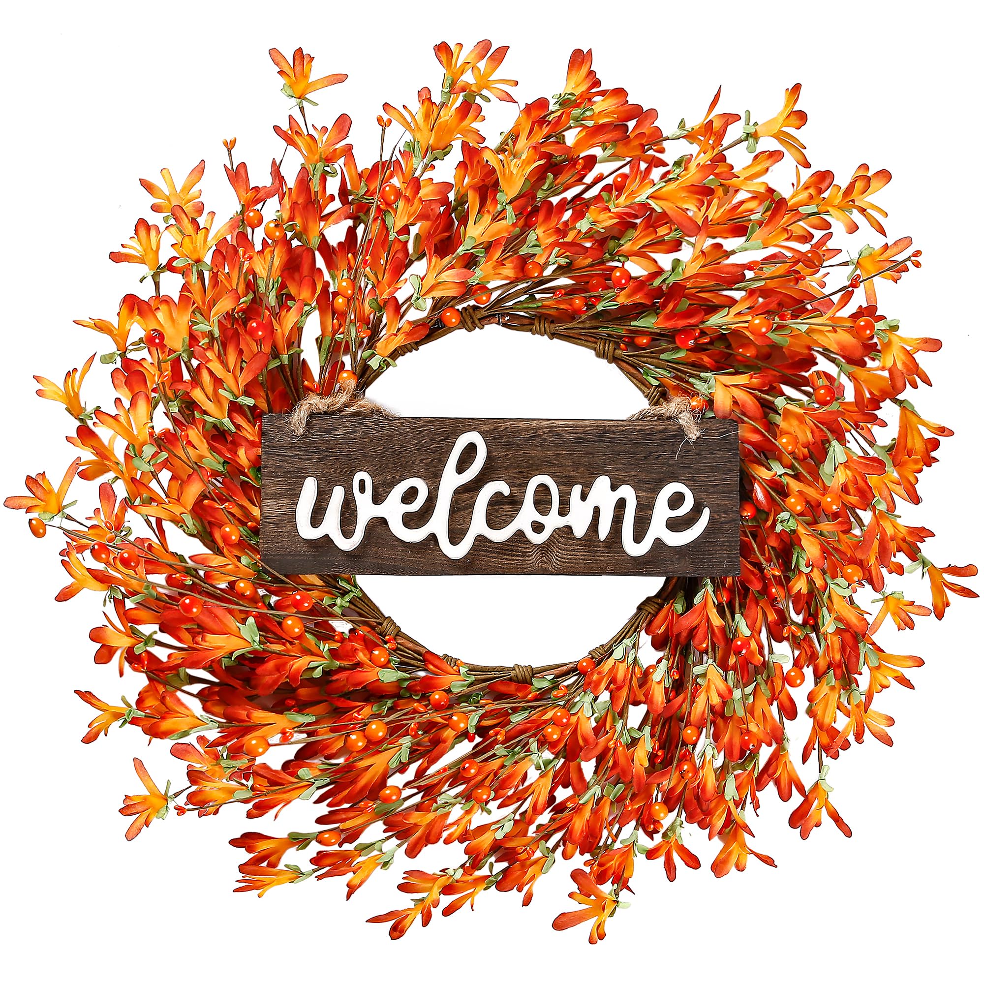 Sggvecsy Artificial Fall Wreath 20’’ Autumn Front Door Wreath Harvest Wreath with Forsythia Flowers Orange Berries Welcome Sign for Outside Indoor Wall Window Festival Thanksgiving Fall Autumn Decor