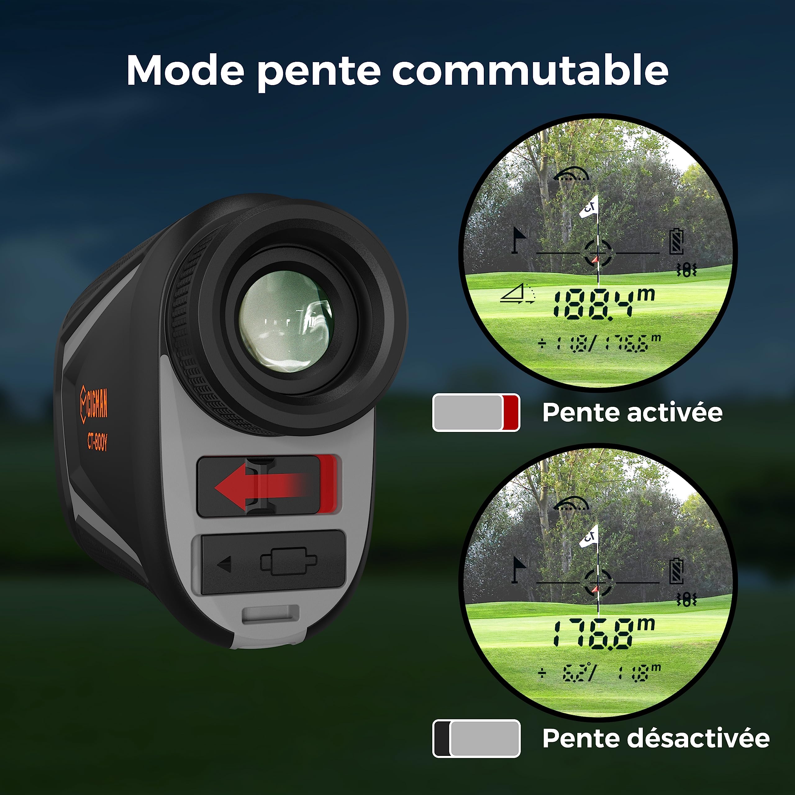 Télémètre de Golf CIGMAN Télémètre Laser 800-1000 Yards avec Pente Rechargeable par USB, grossissement élevé, Vibration de Verrouillage du mât de Drapeau, Mesure de Niveau, Mesure de Vitesse