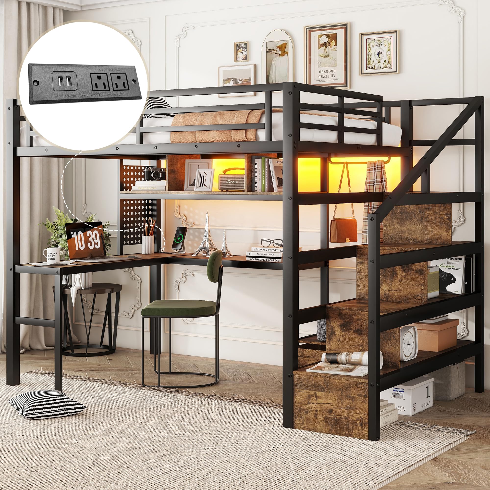 Full size Loft Bed with LED Light and Stairs, Metal Loft Bed Frame with Desk, Storage Drawers & Shelves, Hanging Rod, Gaming Lofts Beds with Charging