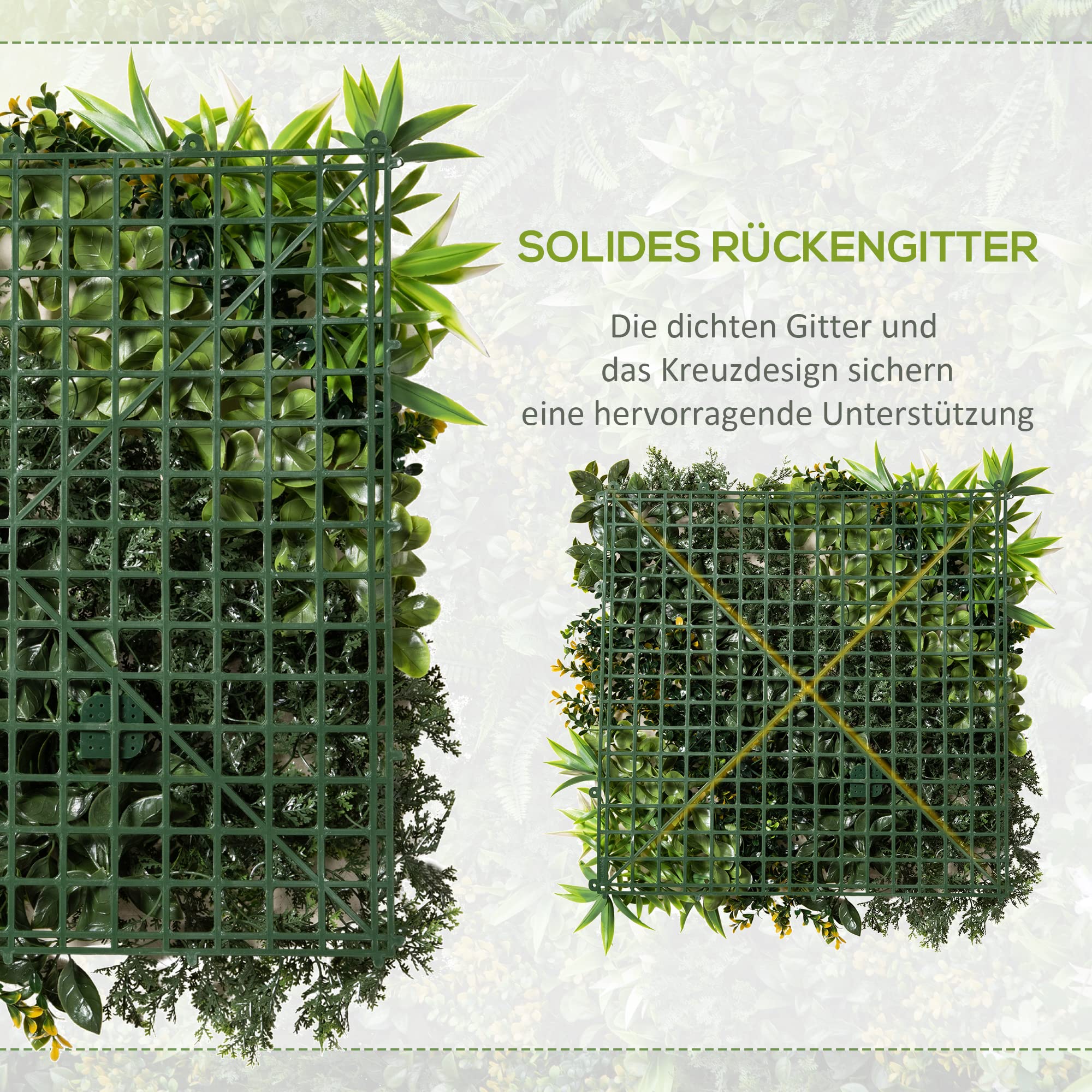 Outsunny künstliches Pflanzenwand Balkon Deko UV-Schutz 12 Stück 50x50 cm | UV-Schutz Sichtschutz Mehrblättriges Design Heckenpflanze für Garten Outdoor Dekor