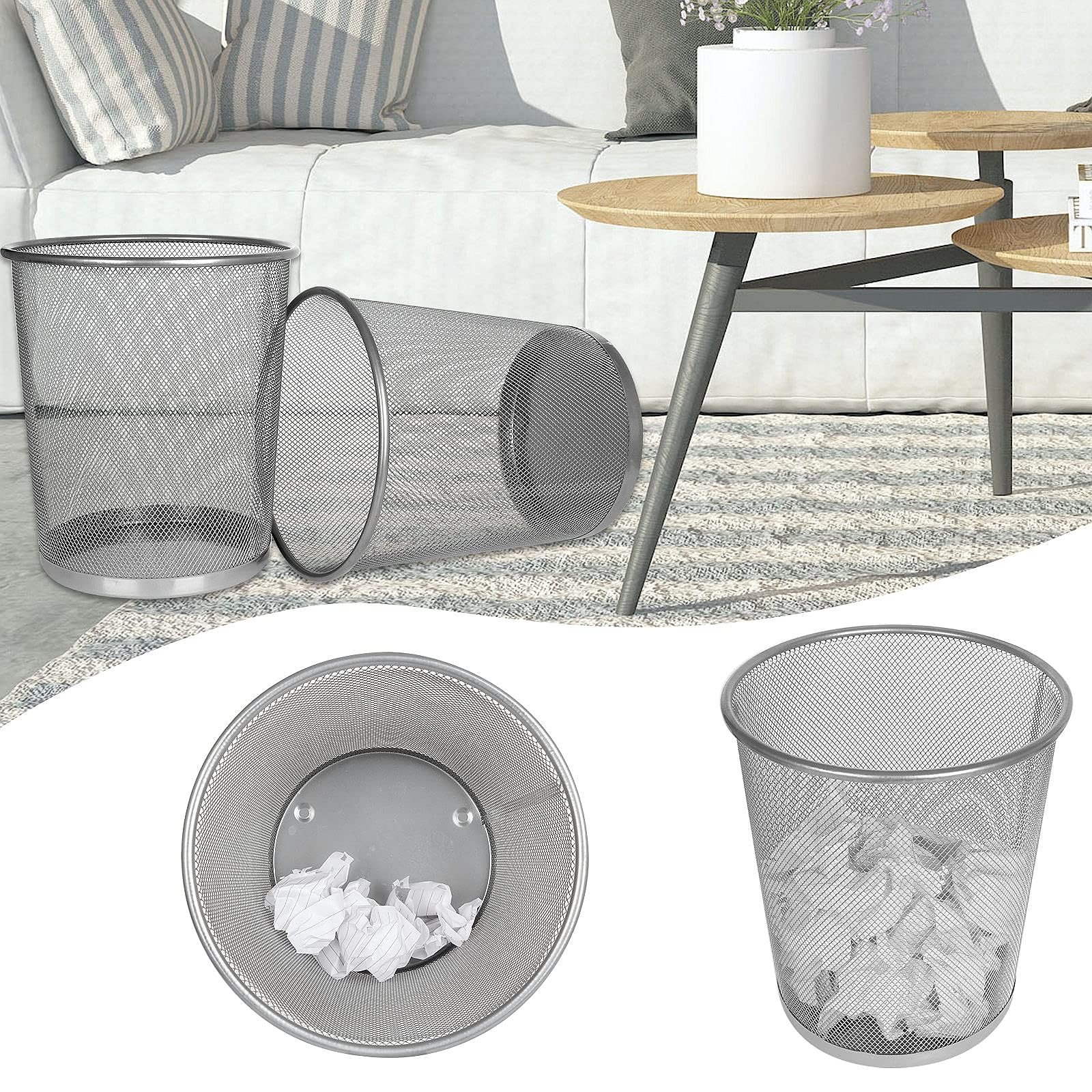 Lot de 3 Poubelle Métal Maille 12 Litres, Corbeille à Papier en Acier Inoxydable pour Bureau - Argent