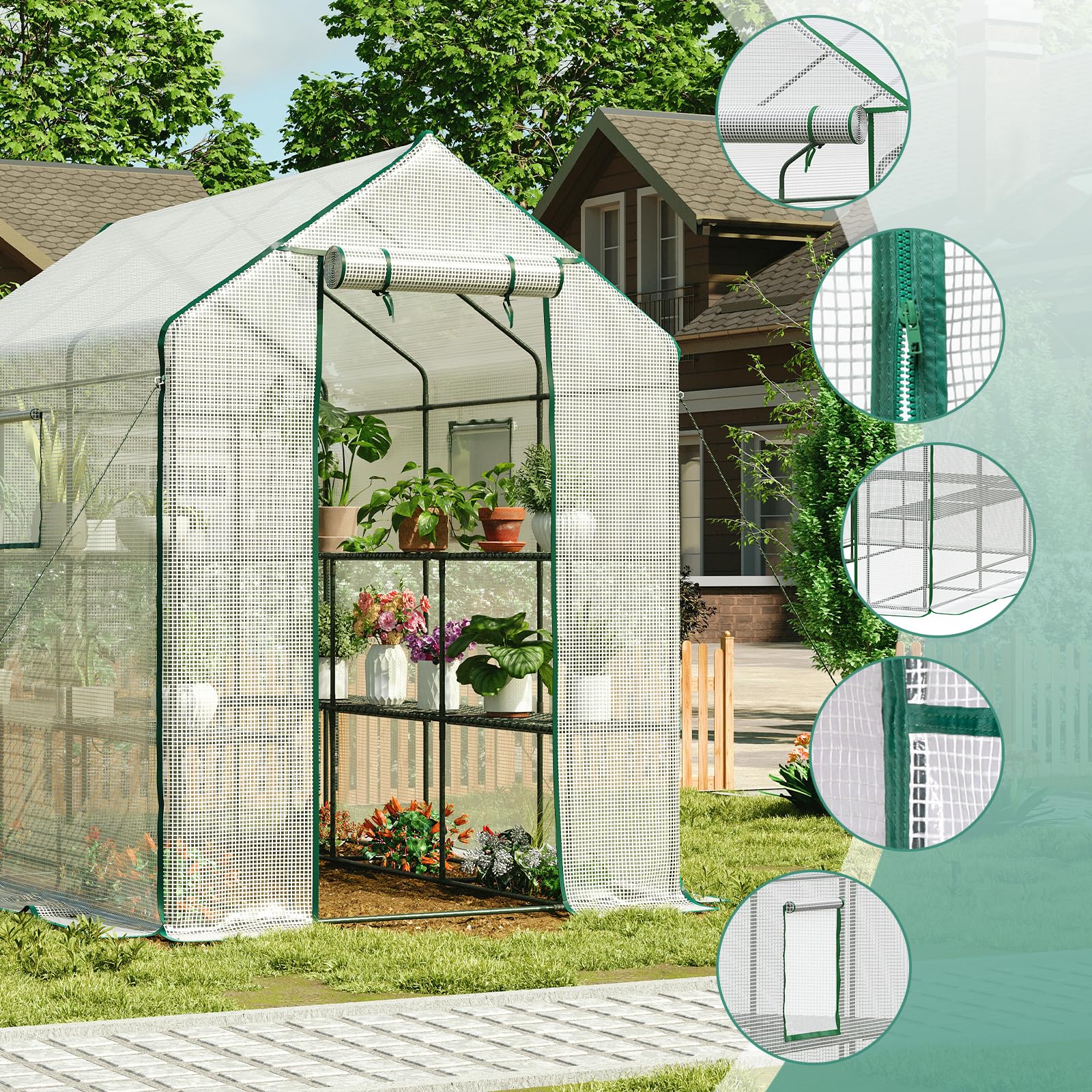 LARMNEE Invernadero para Jardín, Marco Acero Jardinería Invernadero, 212 x 145 x 147/198 cm, Vivero de Plantas con 14 Estantes, Caseta para Tomates, Verduras, Frutas, Flores, Blanco EWT13GH02G1