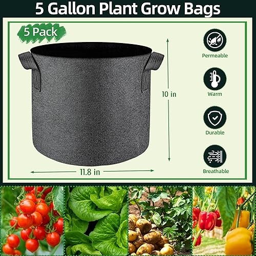 Miniatura 3 de LUCDNC 5 Pcs Grow Bags 5 Gallon Plant Grow Bags Multi-Purpose Nonwoven Fabric Pots with Durable Handles,Outdoor Garden Plant Pots for Vegetables