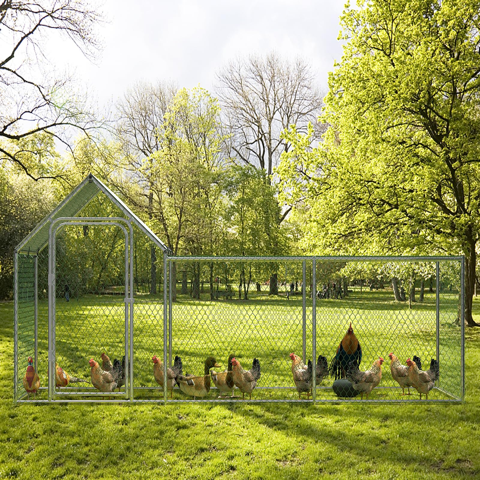 Large Metal Chicken Coop, Chicken Run with Cover, Walk-in Poultry Cage for Yard Outdoor Duck Rabbit Cage