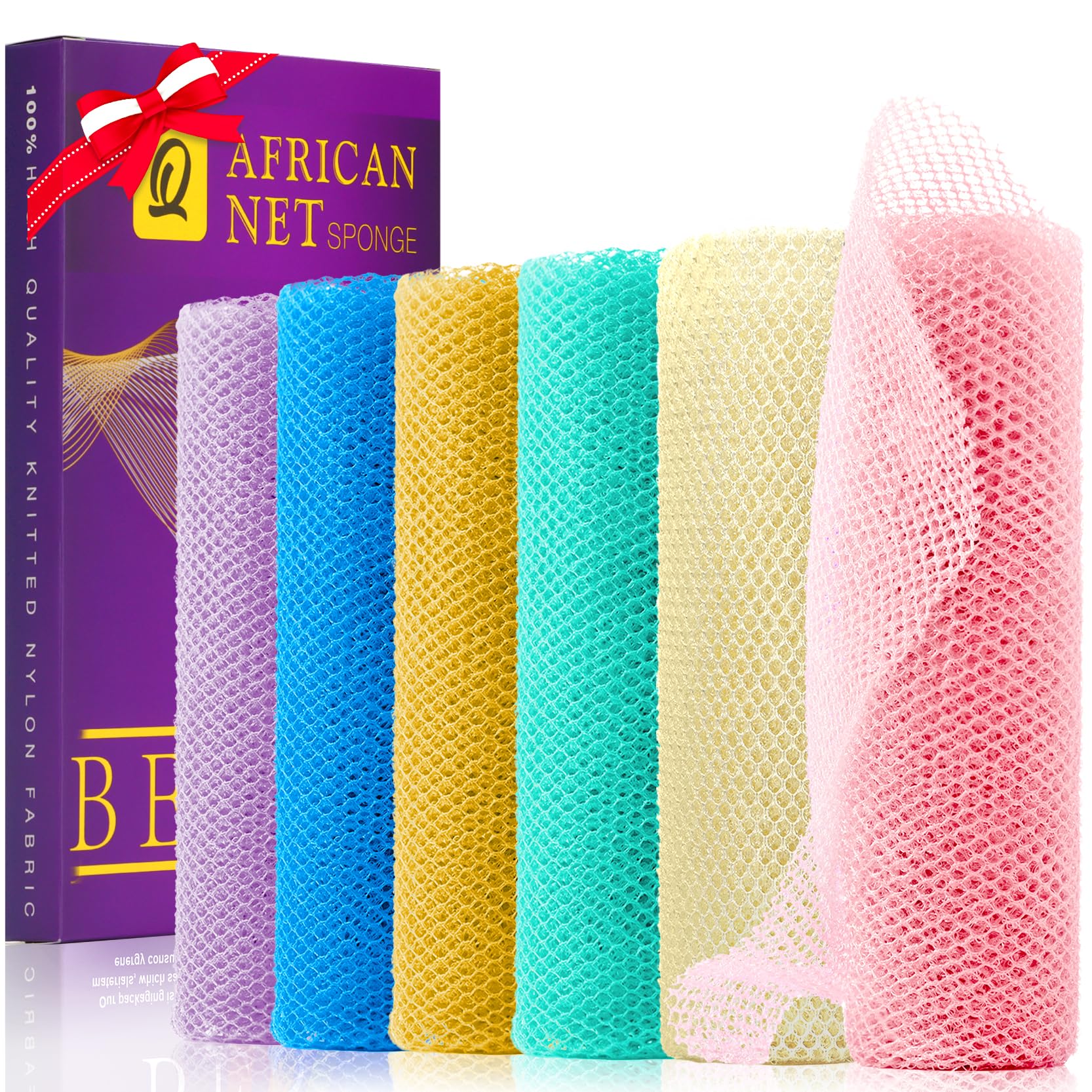 UJFQBH 6 Pieces African Net Sponge Long Bath Sponge Exfoliating Shower Body Scrubber for Daily Use, Terrific for Smoother Skin - Back Scrubber for a Refreshing Experience (Purple - Orange)