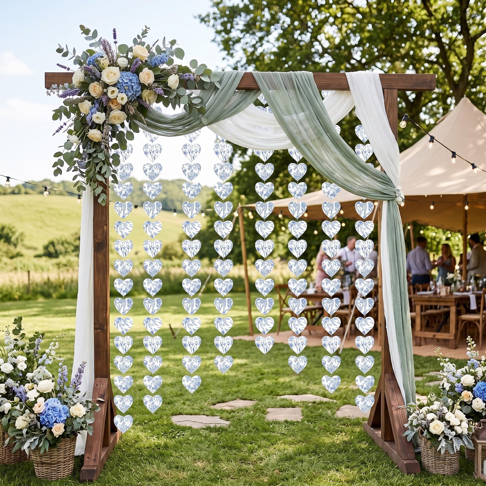 Fullhawl 5 Stück blau-weiße Vintage-Blumen-Papier-Herzgirlande, blaue Brautparty-Dekorationen, blaue Blume, hängende Herzen, Banner für Outdoor, Hochzeit, Verlobung, Geburtstag, blau und weiß,