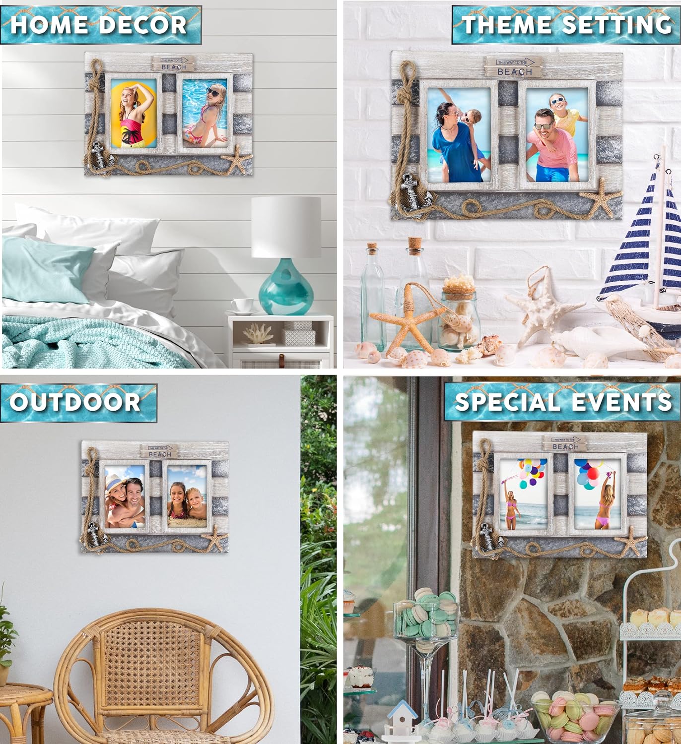 CoTa Global Silver Sea Double Photo Frame 3.5x5 - Handcrafted Wooden Nautical Photo Frame for Tabletop Display or Hanging Beach Themed Home Decor, Color May Vary