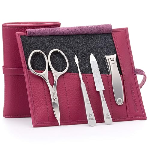 GERMANIKURE Juego de manicura de 4 piezas en estuche de cuero magenta, fabricado en Solingen Alemania, herramientas de acero inoxidable FINOX - Kit