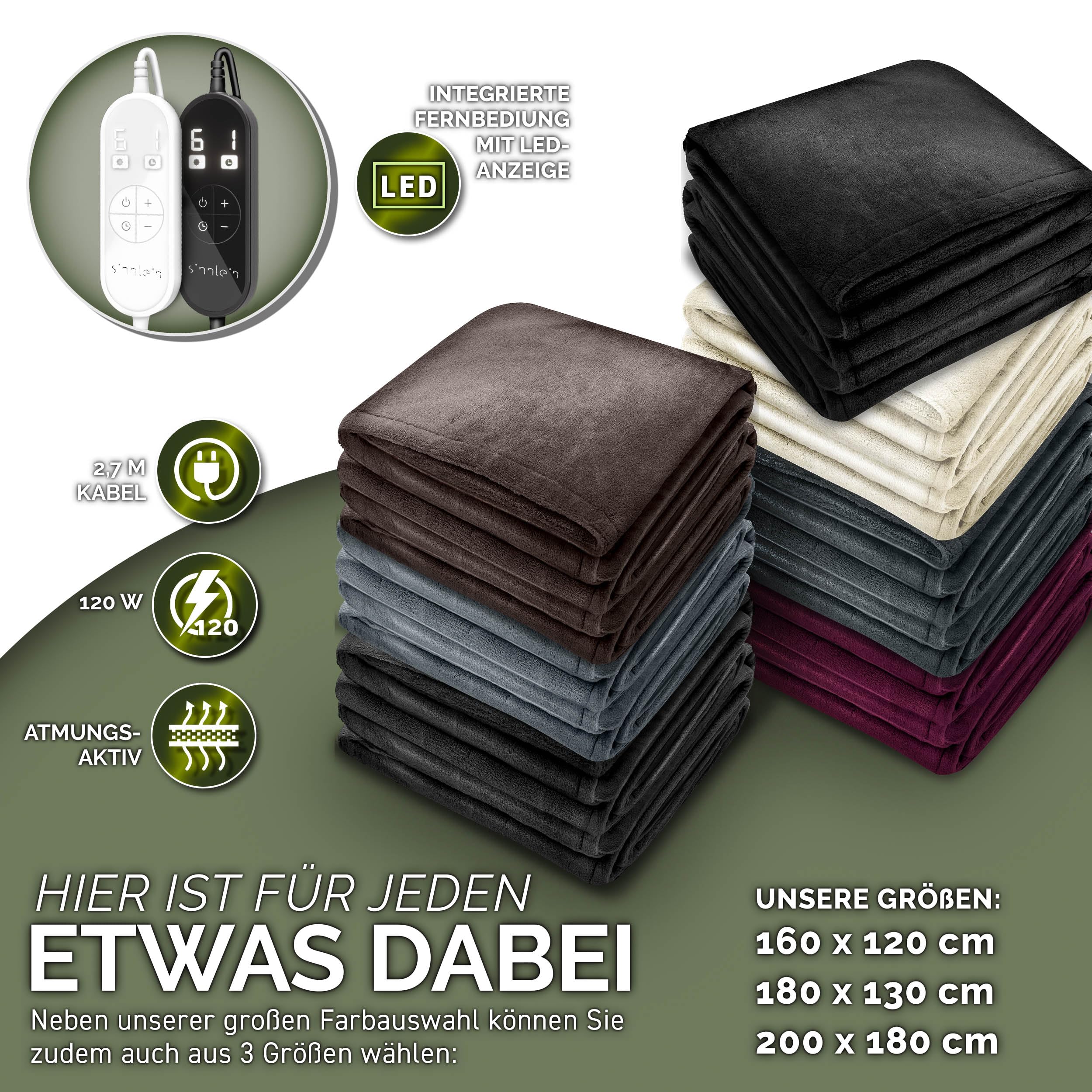 sinnlein® Heizdecke aus Plüsch 200 x 180 cm | elektrische Wärmedecke mit Abschaltautomatik | Kuscheldecke | Timerfunktion | 9 Temperaturstufen | waschbar bis 40°C | Digitalanzeige