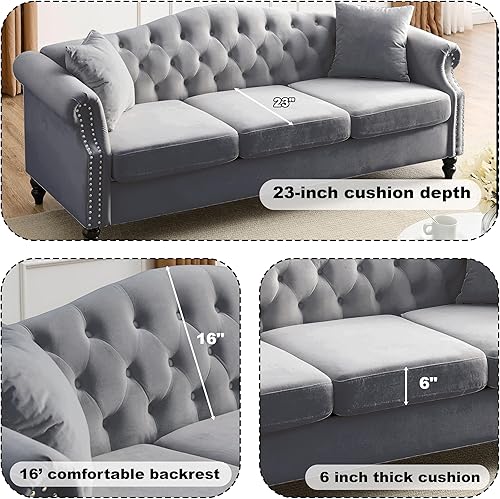 Miniatura 4 de Chesterfield - Juego de 2 sofás modernos de terciopelo gris de 79 pulgadas de 3 plazas, sofá combinado con 4 almohadas, respaldo curvado recortado y