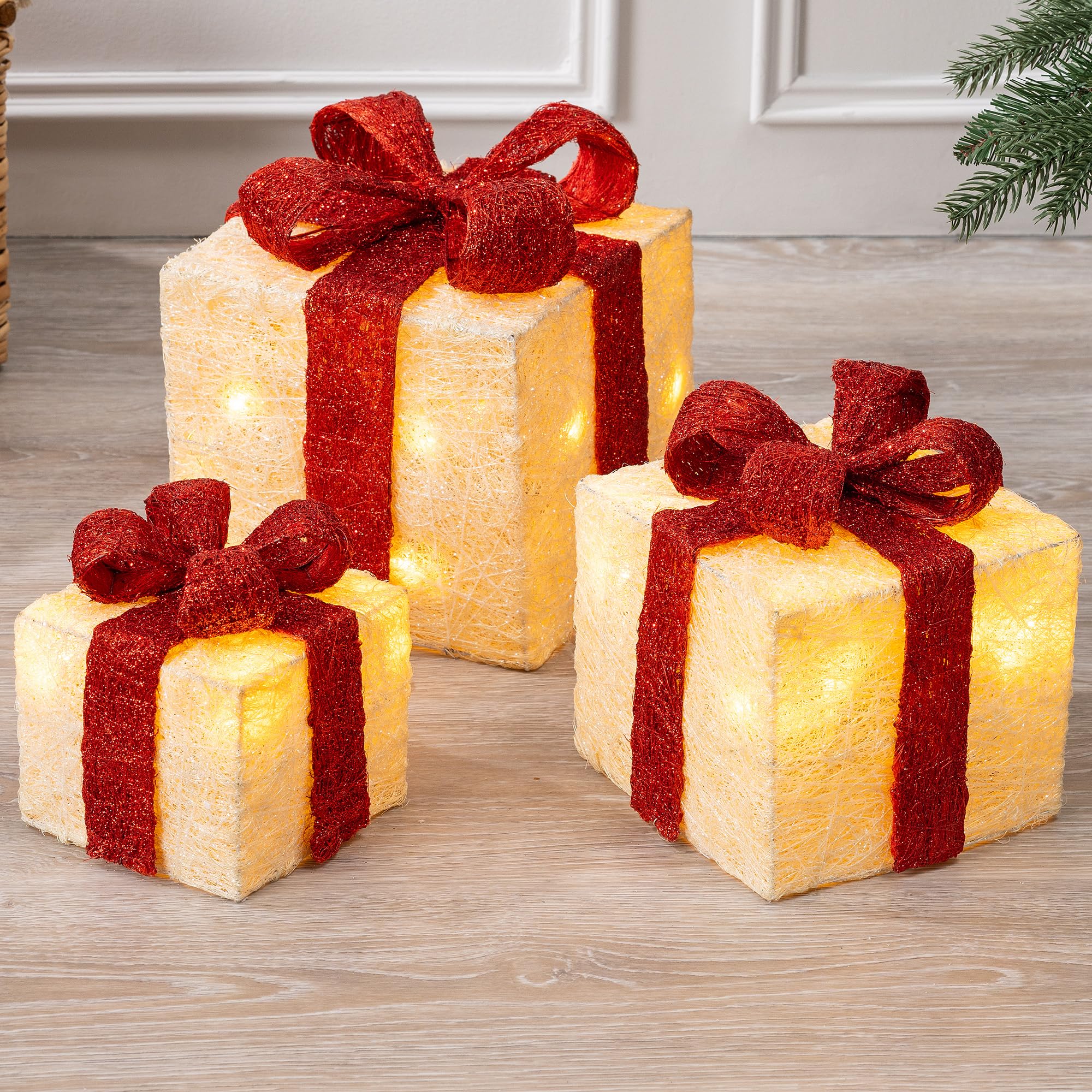 Christow Light Up Parcels, Sisal, Cream & Red, Set of 3