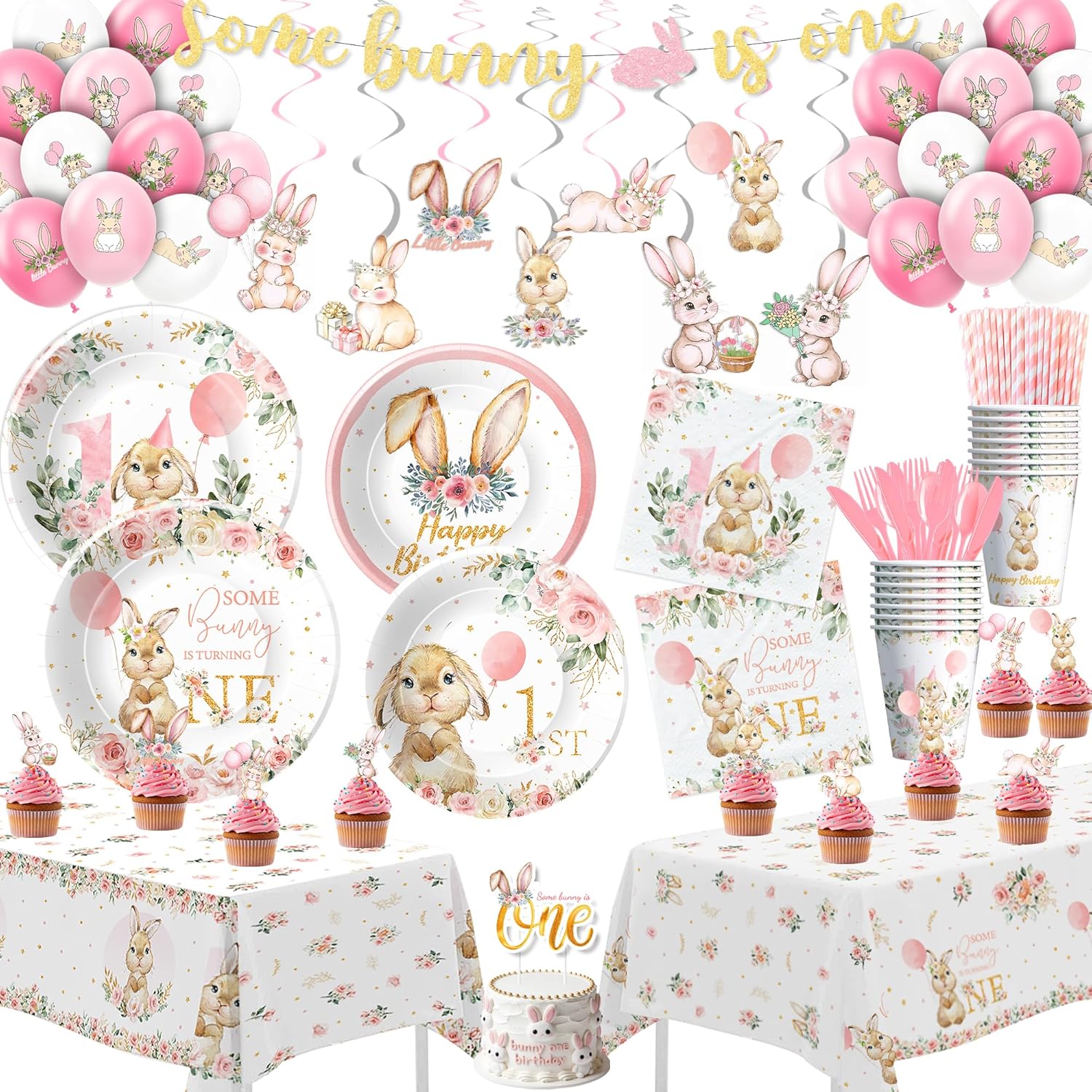 Srua Don Some Bunny is One Decorations Girl, Pink Rabbit Bunny First Birthday Party Supplies for Baby Shower Easter, Plate, Cup, Napkin, Banner, Topper, Tablecloth, Balloon, Swirls, Cutlery, Serves 24