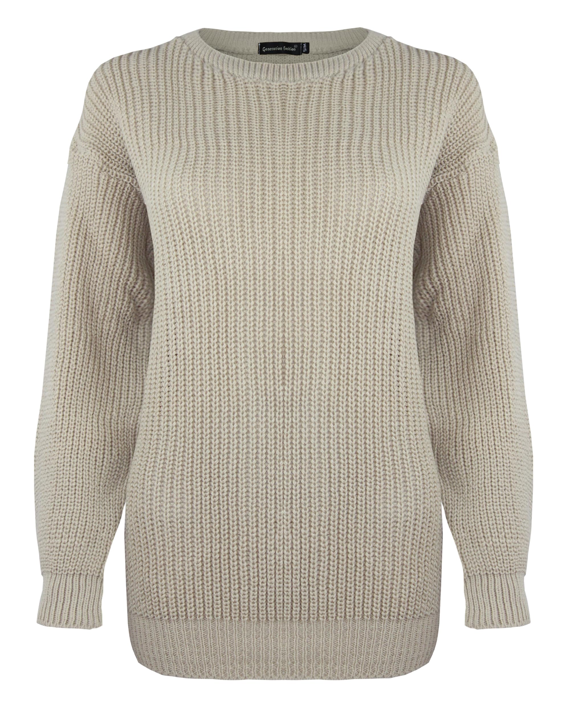 Generation Fashion Women's Stone New Long Sleeve Knitted Baggy Jumper Oversized Sweater Crew Neck Pullover Top[,Sm]