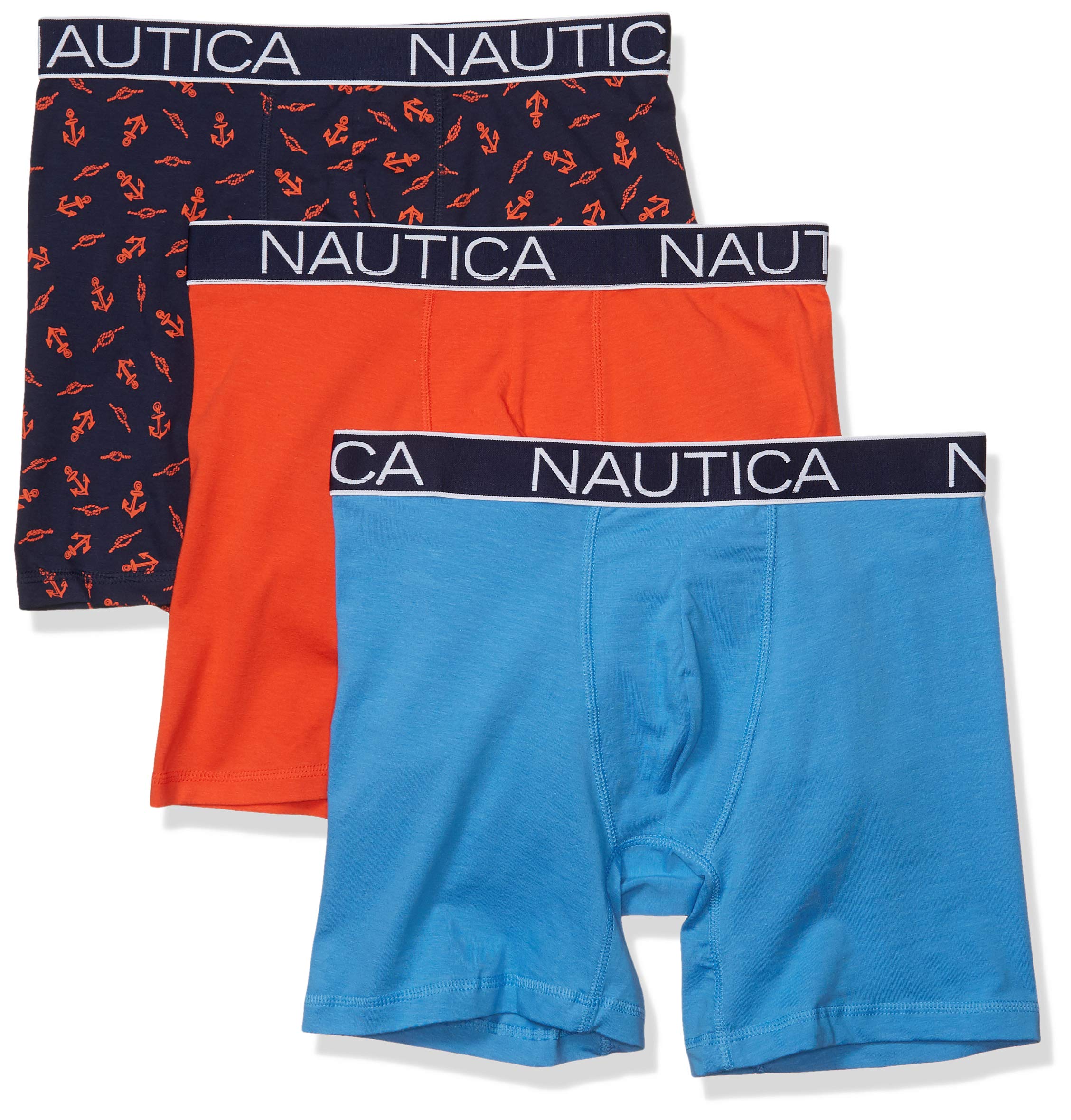 Nautica Men's 3-Pack Classic Cotton Stretch Boxer Briefs, Orange Poppy/Aero Blue/Anchor-Peacoat, S (Pack of 3)