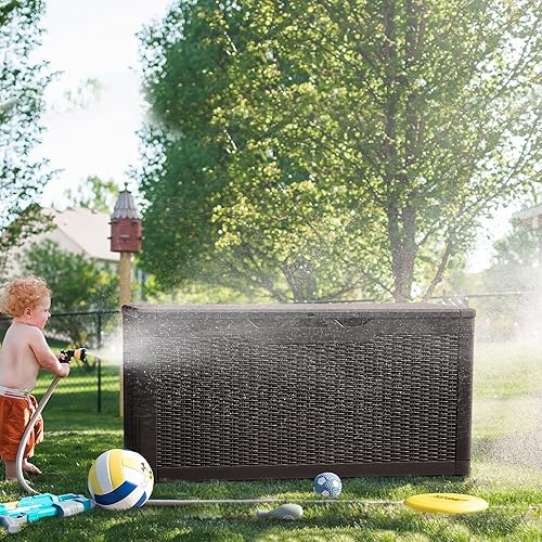 Miniatura 3 de Greesum Caja de cubierta de resina de 100 galones, gran almacenamiento al aire libre, textura de tejido de ratán de imitación para muebles de patio,