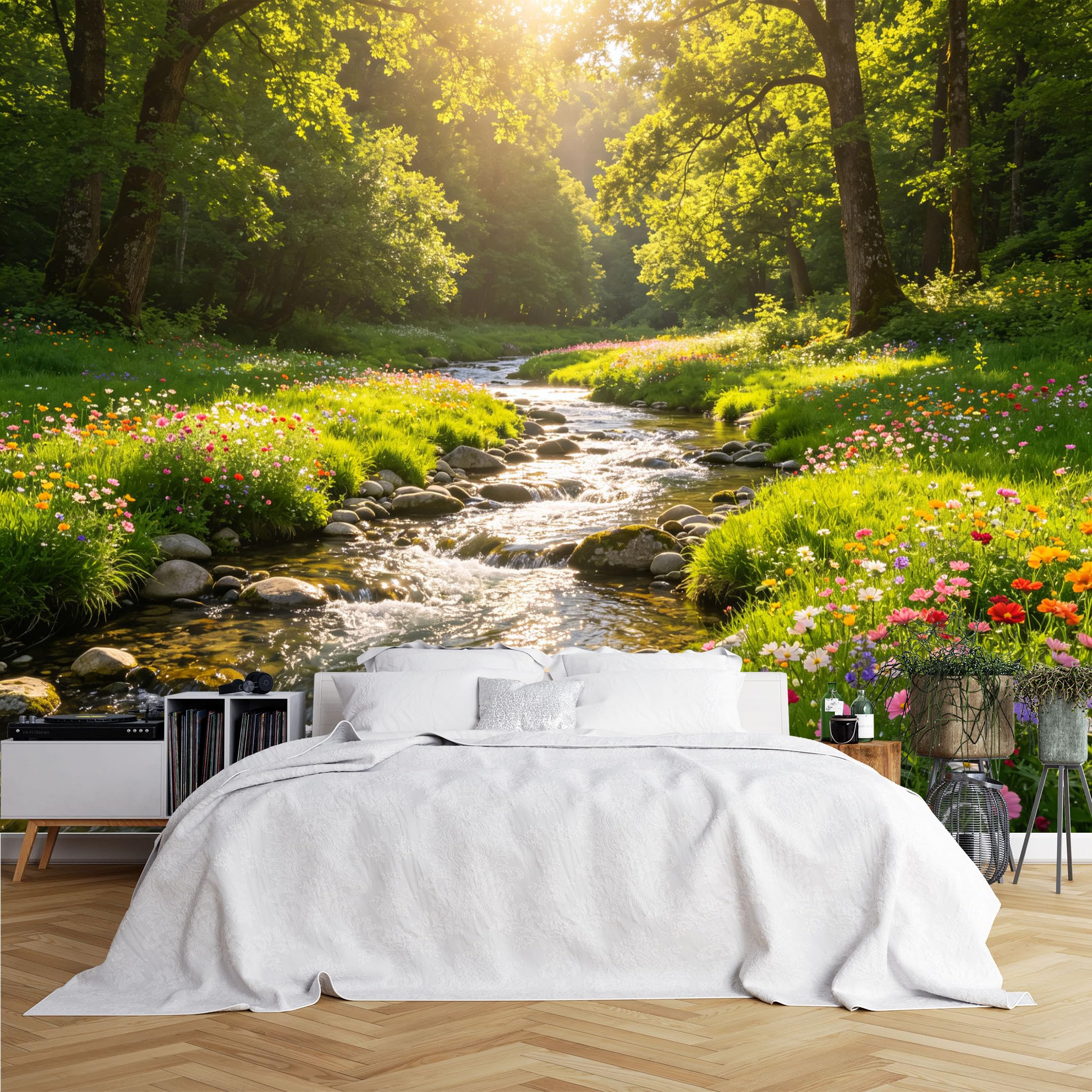 Lcythiazole Ch260615088 Custom Size Wall Murals Sunlit Forest Creek Wildflowers Wall Murals Hd Nature Wallpaper Wall Covering Fabric Self-Adhesive Removable Wallpaper For Living Room Basement