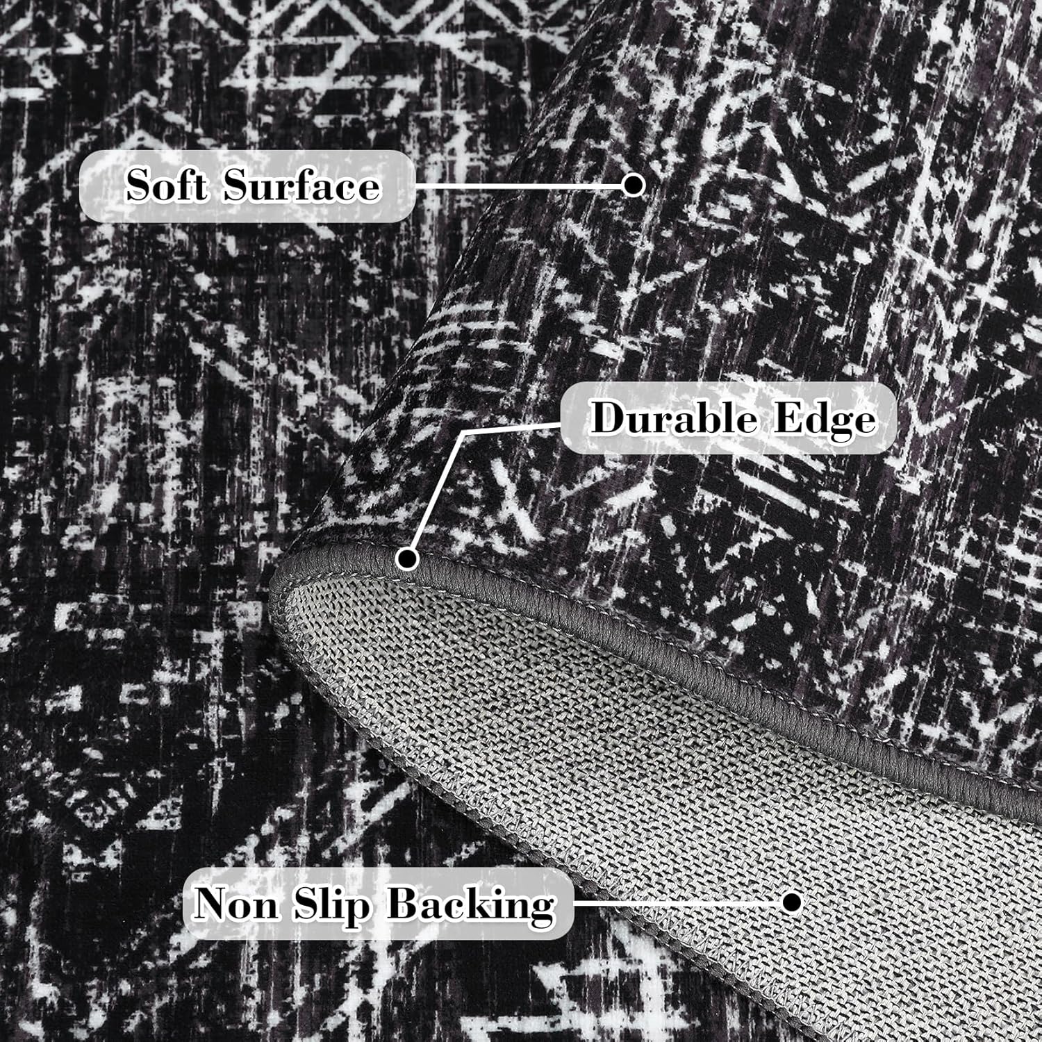 GarveeHome Area Rug 4x6 - Washable Boho Geometric Non-Slip Entryway Rug, Neutral Farmhouse Living Room Rug Soft Throw Rugs for Entrance Hallway Bedroom Kitchen Nursery, Black