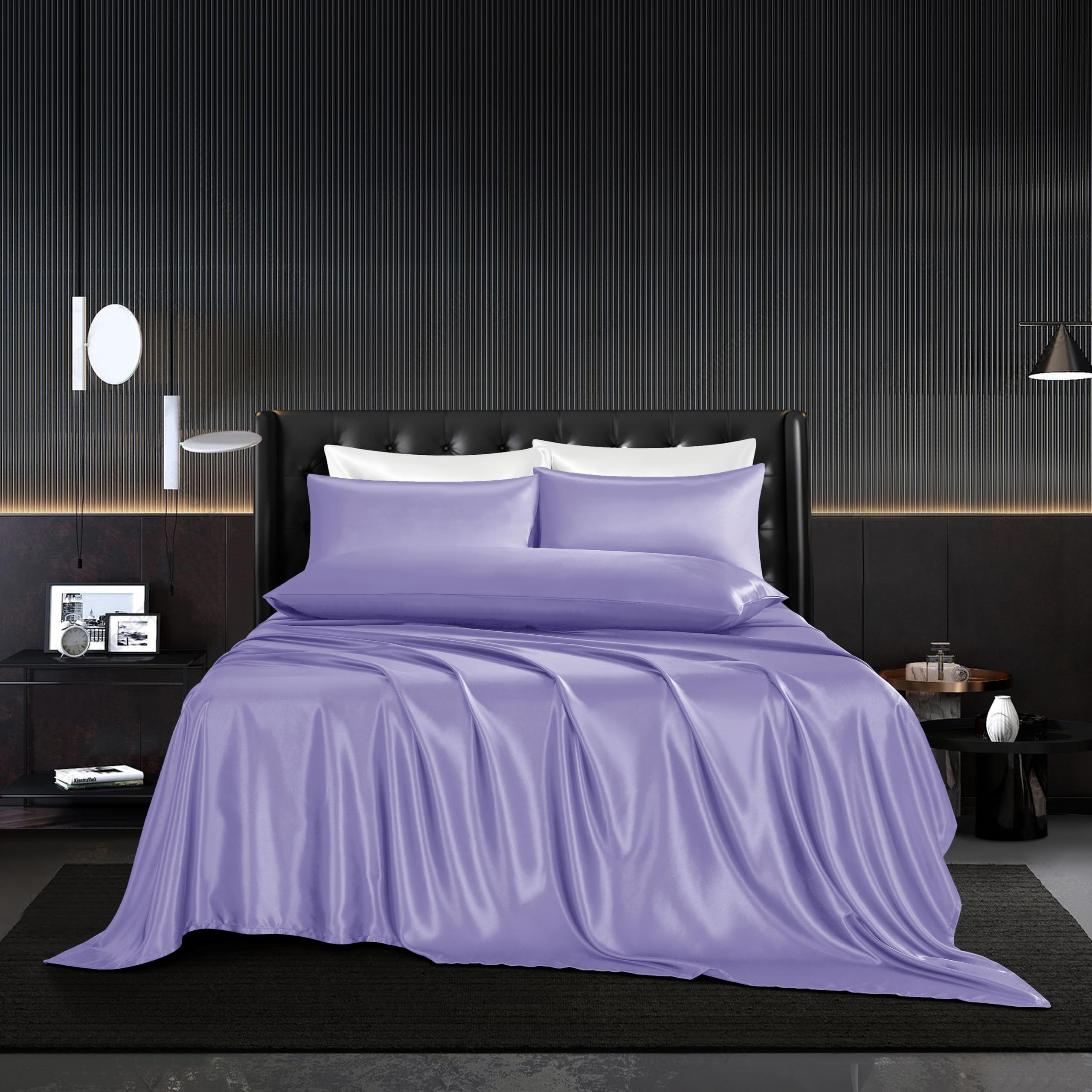 Parure de lit en soie lavande pour matelas épais fini les draps qui glissent