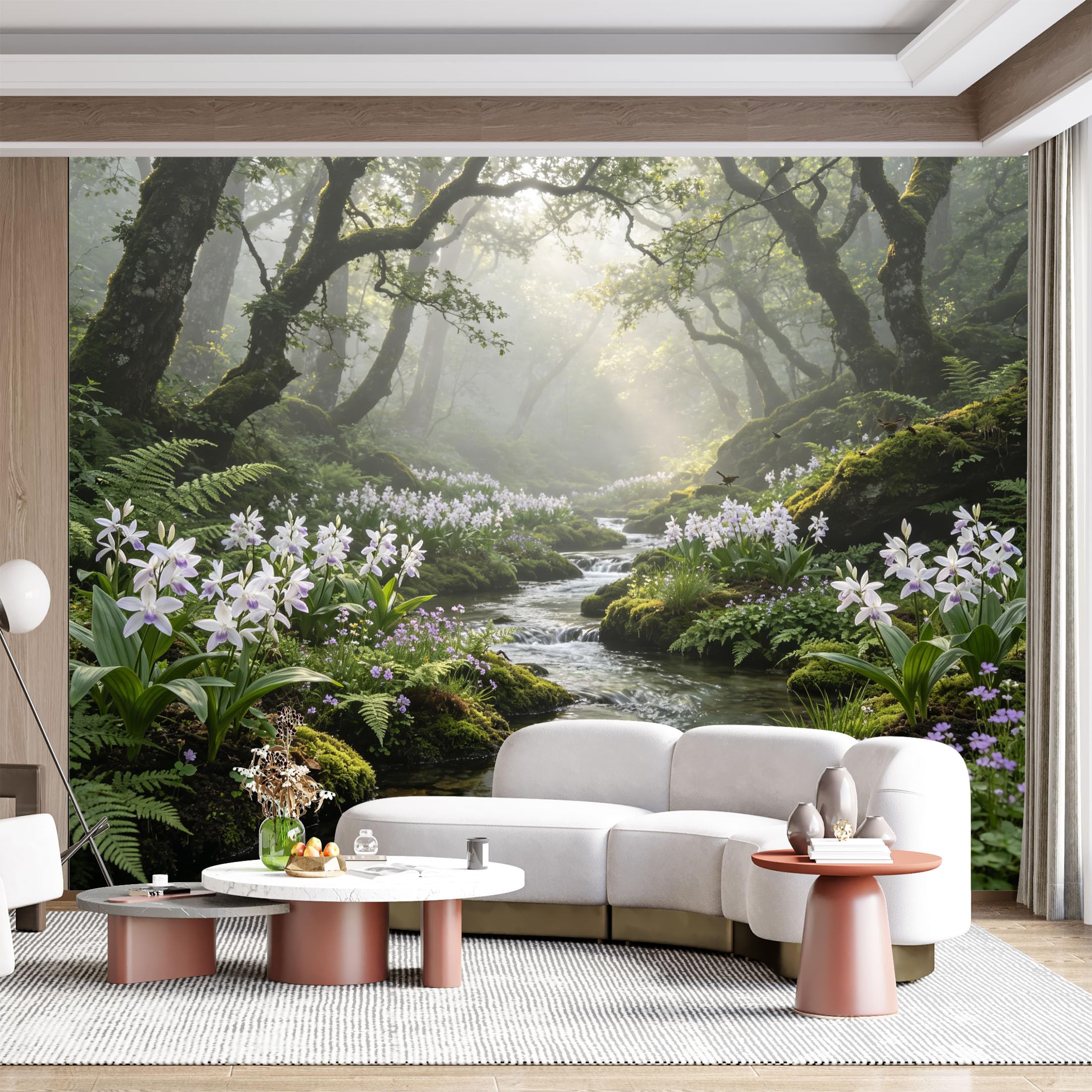 Custom Size Wall Mural Misty Forest Stream White Floral Landscape Panoramic SelfAdhesive Wall Fabric Removable for Home Office Decor