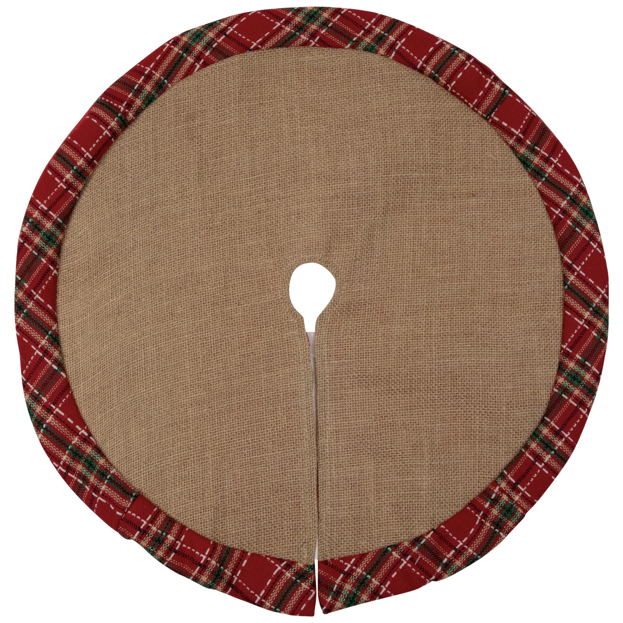 Burlap Mini Christmas Tree Skirt with Red Plaid Border - 20