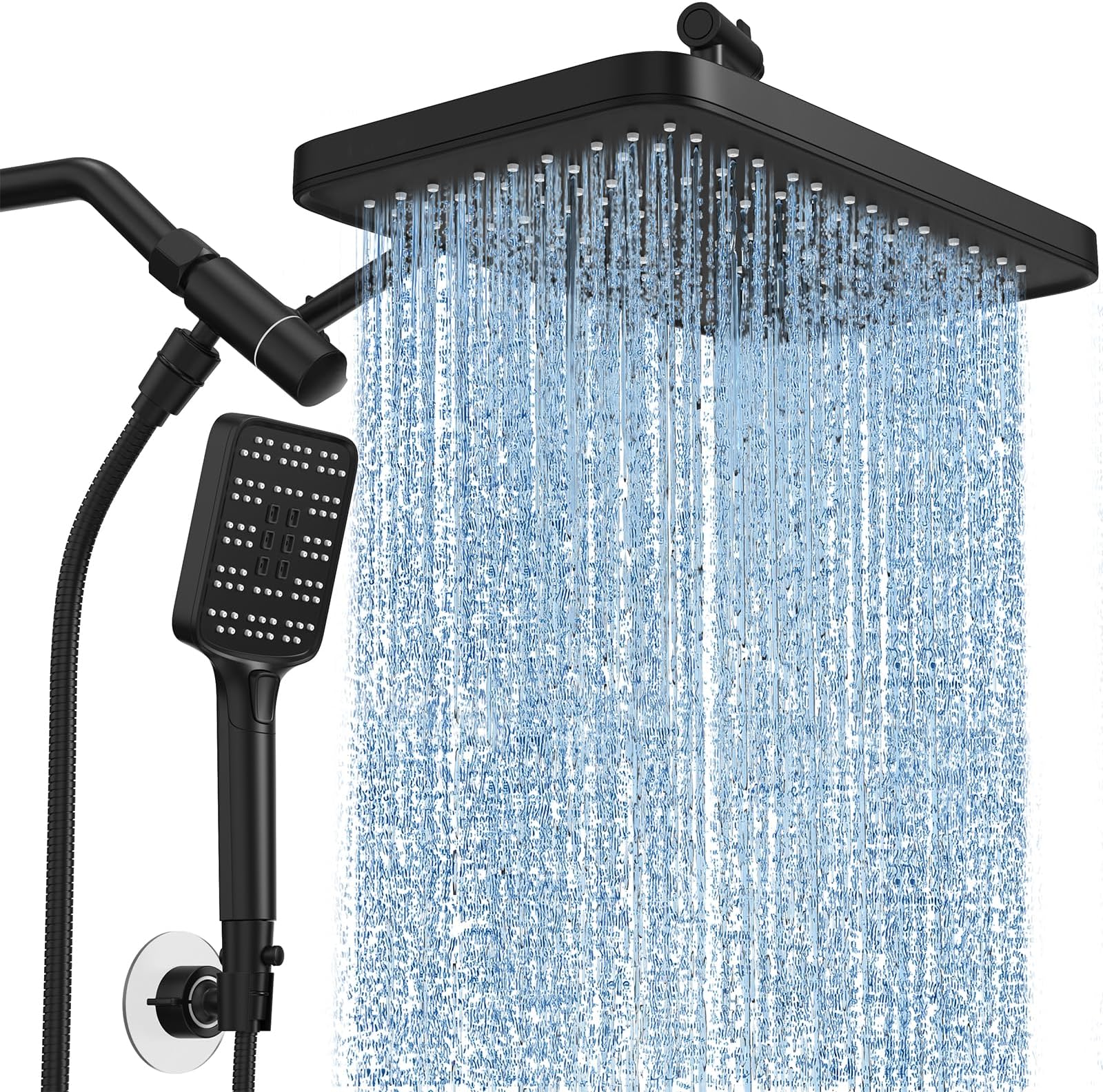 Rain Shower Head with Handheld Spray Combo Set, Adjustable 12" Rainfall Dual Shower Head, Double&Tandem Shower Head, Waterfall Showerhead Bathroom -Matte Black