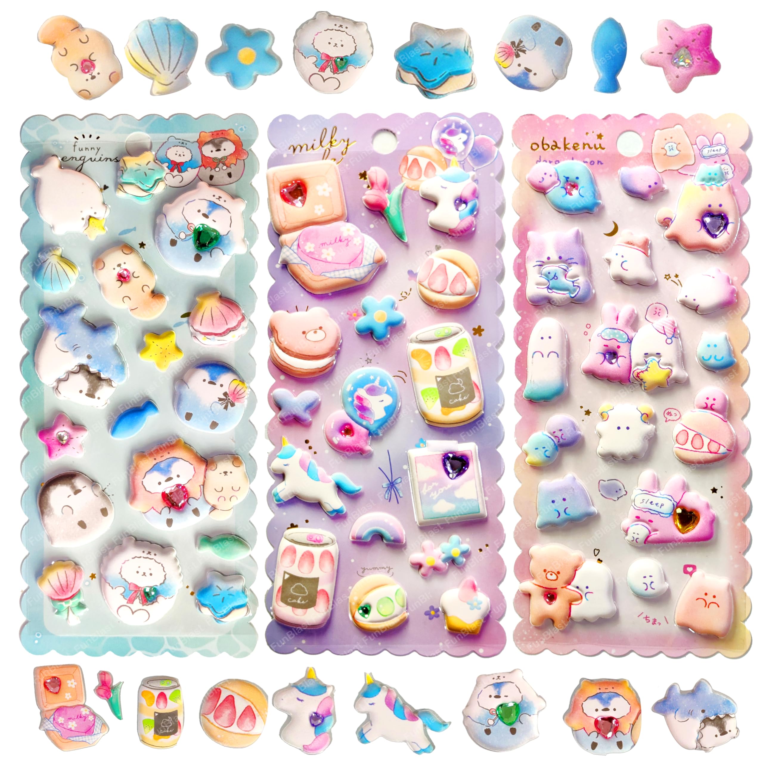 FunBlast Kawaii Stickers Set – 3 Sheets, 50 Pcs Puffy Stickers for Kids, 3D Cute Sticker, Foam Sticker's for Kids, Craft Sticker's, Self Adhesive Sticker