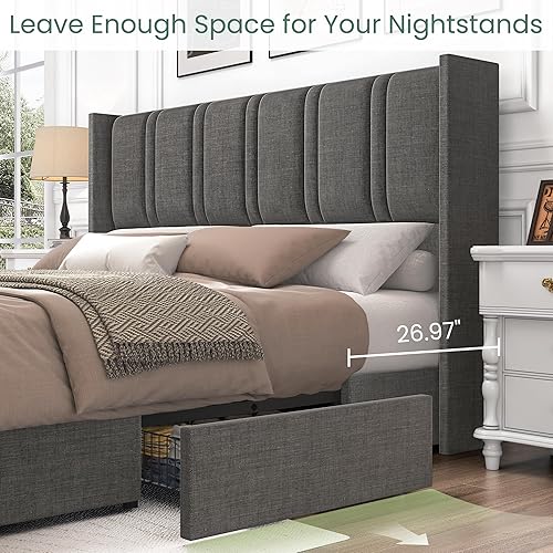 Miniatura 7 de LARMACE - Base de cama tamaño queen con cajones de almacenamiento y cabecera con respaldo, base de cama tapizada en lino con listones de madera,