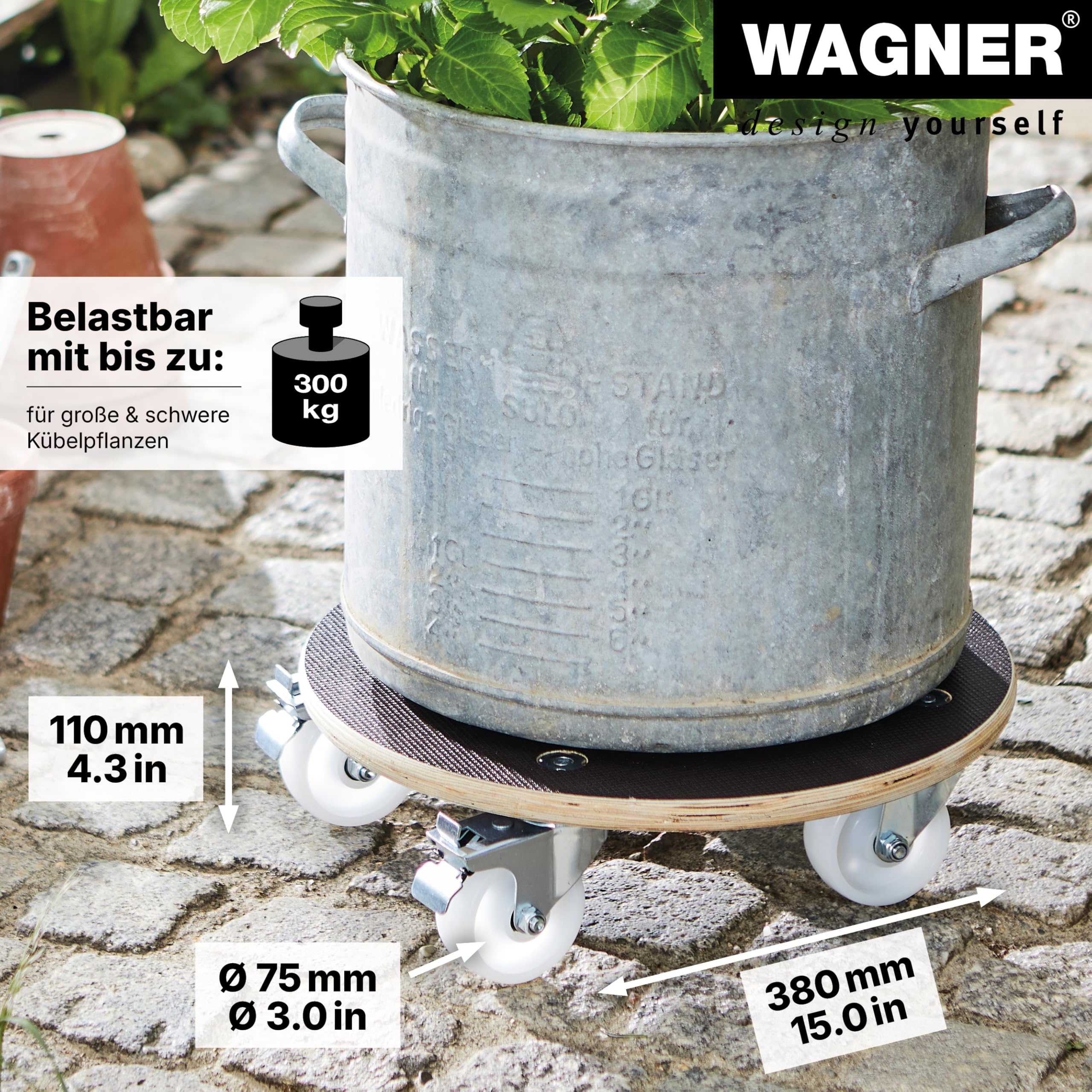 WAGNER Support à roulettes pour Pot de Fleur Maxigrip Ø 38 x 11 cm I intérieur + extérieur I Roule Pot en Bois certifié FSC® I 2 Freins I Capacité de Charge 250 kg I Made in Germany - 20110701