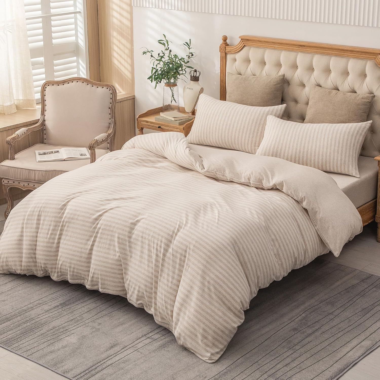 PURE ERA Jersey Knit Duvet Cover Set 100% T-Shirt Heather Cotton Super Soft Comfy Classic Striped Design, with Zipper Closure, Heather Beige Stripe, King