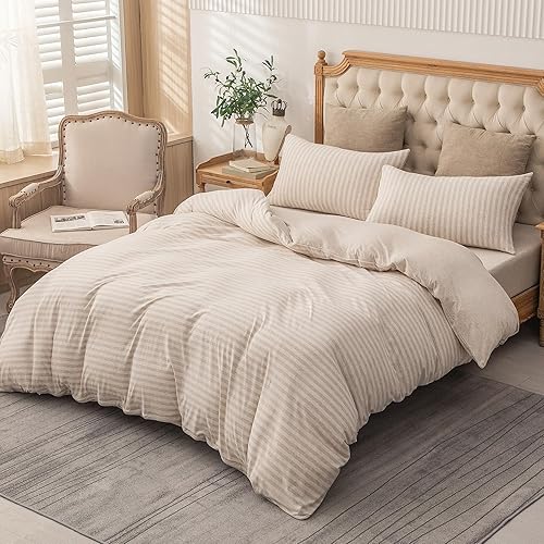 Miniatura 8 de PURE ERA Juego de funda de edredón de punto de jersey, 100% algodón de camiseta jaspeado, súper suave, cómodo, diseño clásico a rayas, con cierre de