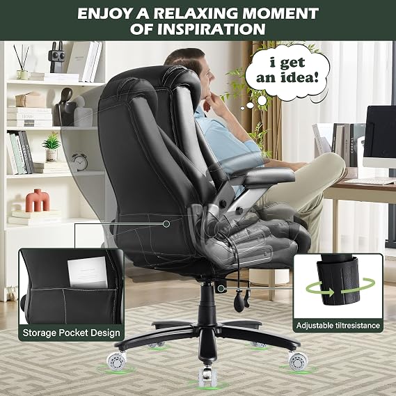 Large Big and Tall Office Chair 650lbs with Thick Spring Cushion, 5D Flip Arm Ergonomic Executive Office Chair Adjustable Lumbar Airbag&Extra Wide, Comfy Padded Heavy Duty Game Chair Dual Rubber Wheel