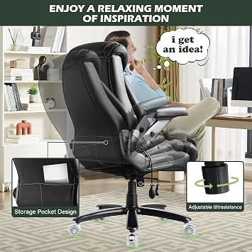 Large Big and Tall Office Chair 650lbs with Thick Spring Cushion, 5D Flip Arm Ergonomic Executive Office Chair Adjustable Lumbar Airbag&Extra Wide, Comfy Padded Heavy Duty Game Chair Dual Rubber Wheel