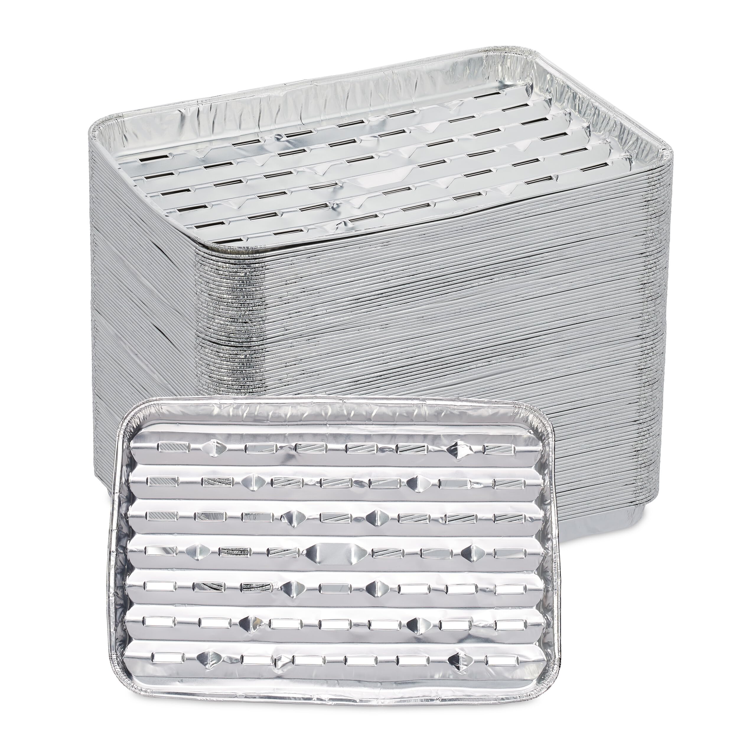 Relaxdays Set of 100 Aluminium Trays, HWD: 3 x 34 x 22 cm, Square, with Holes, Indirect Grilling BBQ Tray 260 °C, Silver