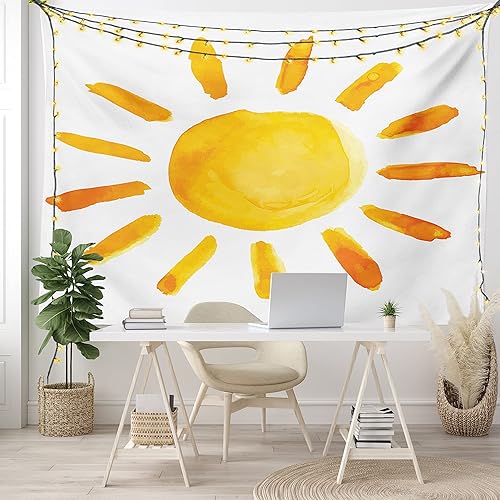 Miniatura 6 de Ambesonne Tapiz grunge, ilustración de sol, pincel de acuarela, estilo de pintura, imagen de sala de juegos, decoración de tela para colgar en la