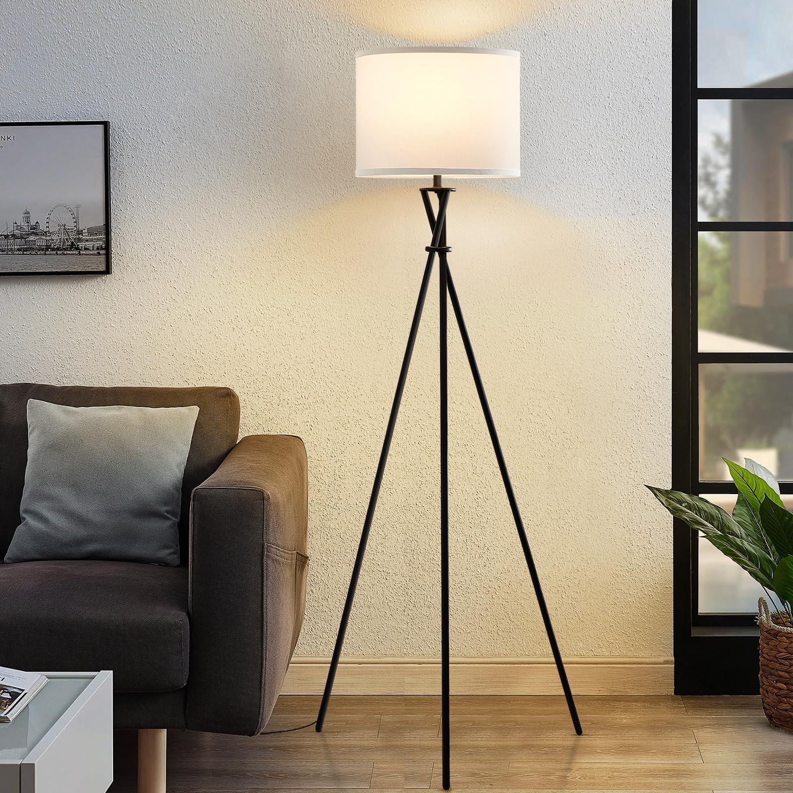 GyroVu Tripod Floor Lamp for Living Room, Standing Lamp with Foot Switch, Modern Floor Lamp with White Shade for Living Room, Bedroom, Office(Bulb Not Included)