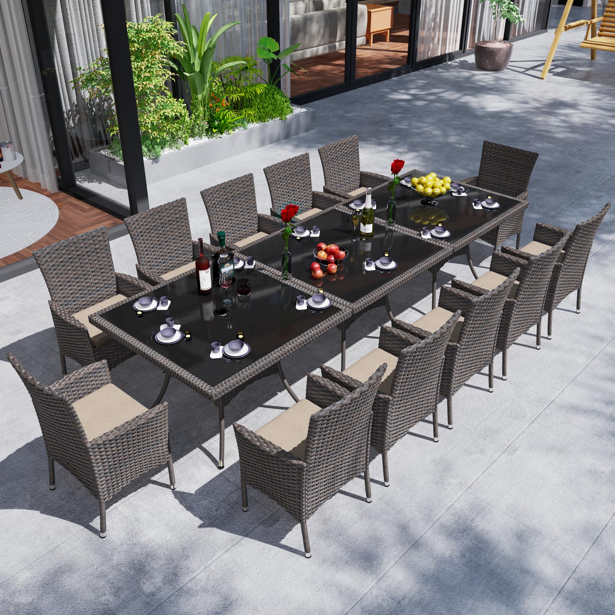 Trumbeak 15 Piece Outdoor Dining Set,Rattan Patio Conversation Set of 12 Chairs,Patio Dining Table and Chairs w/Cushions,Square Glass Tabletop,
