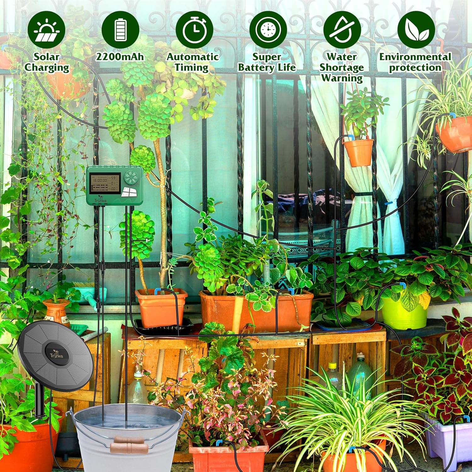 Solar Irrigation System Kit with Automatic Watering Computer, Drip Irrigation for Garden, Balcony, Greenhouse, Supports 15 Potted Plants, 15 Meter Hose