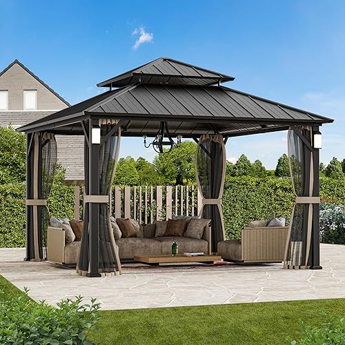 Miniatura 23 de Glorieta moderna con techo rígido de 10 x 10 pies, glorieta permanente de metal con 4 luces LED, pabellón para exteriores con techo de acero Negro