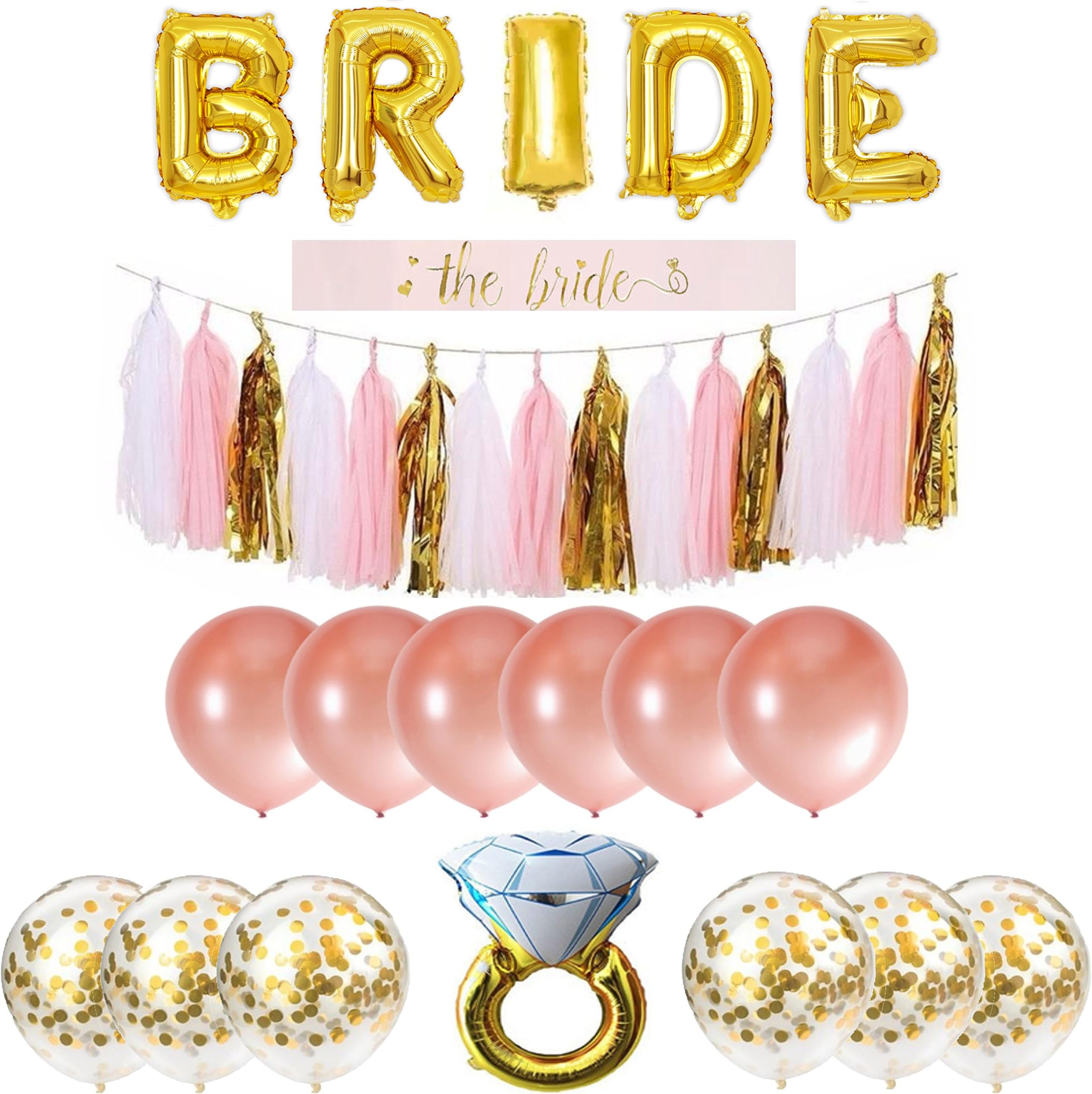 Bachelorette Party Decorations Pack Includes: Gold Foil Bride Balloon Banner Garland, Bride to be Sash + Rose Gold & Gold Confetti Balloons + Diamond Ring Balloon + Cute Bachelorette Tassel Banner