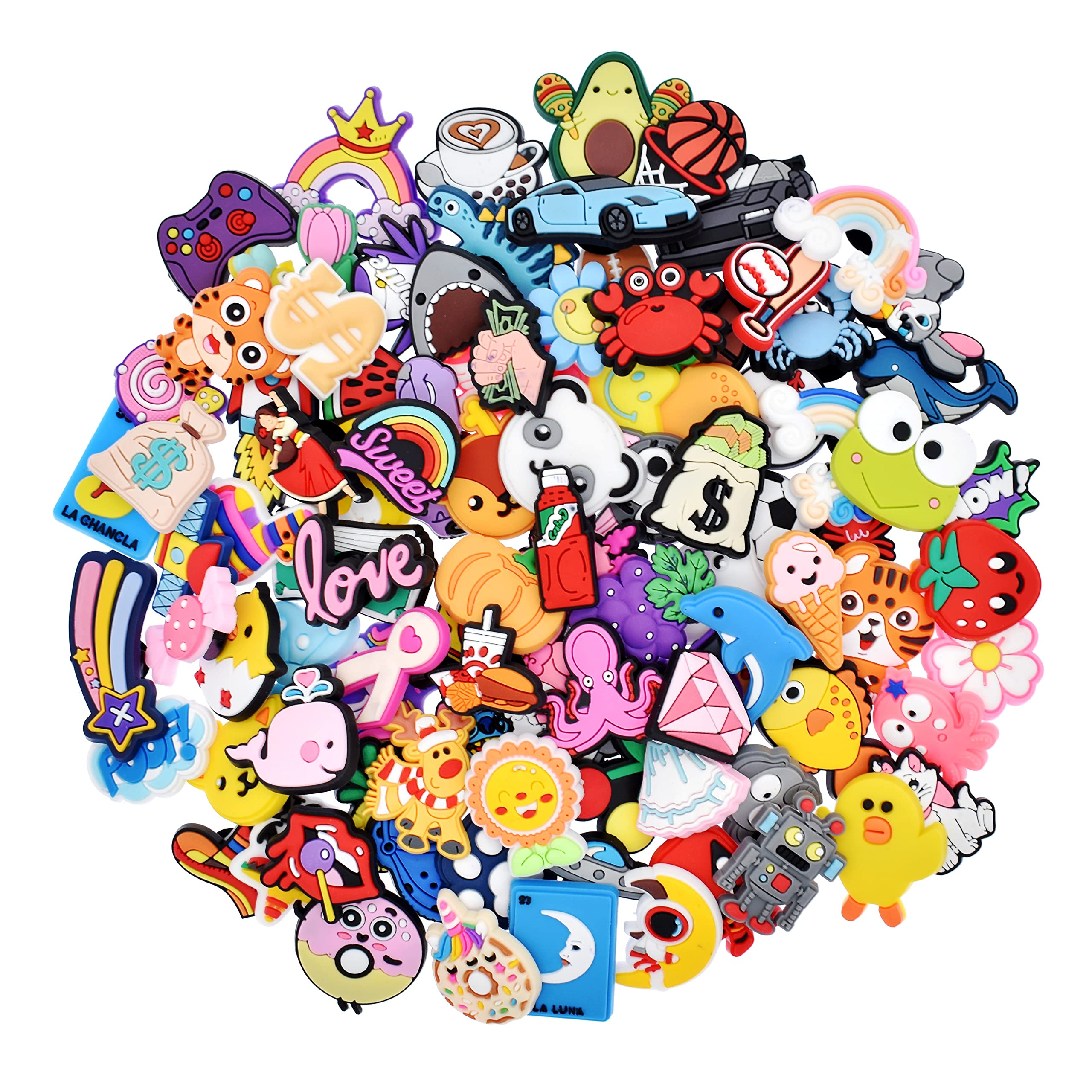 Ibuclein Lot of Random Shoe Charms 40,60,100,150,185,200pcs Different Mixed Shoe Charm Decorations Lovely Cool PVC Animals Flowers Balls Letters Numbers Shapes Shoes Ornaments for Bracelets and Sandals
