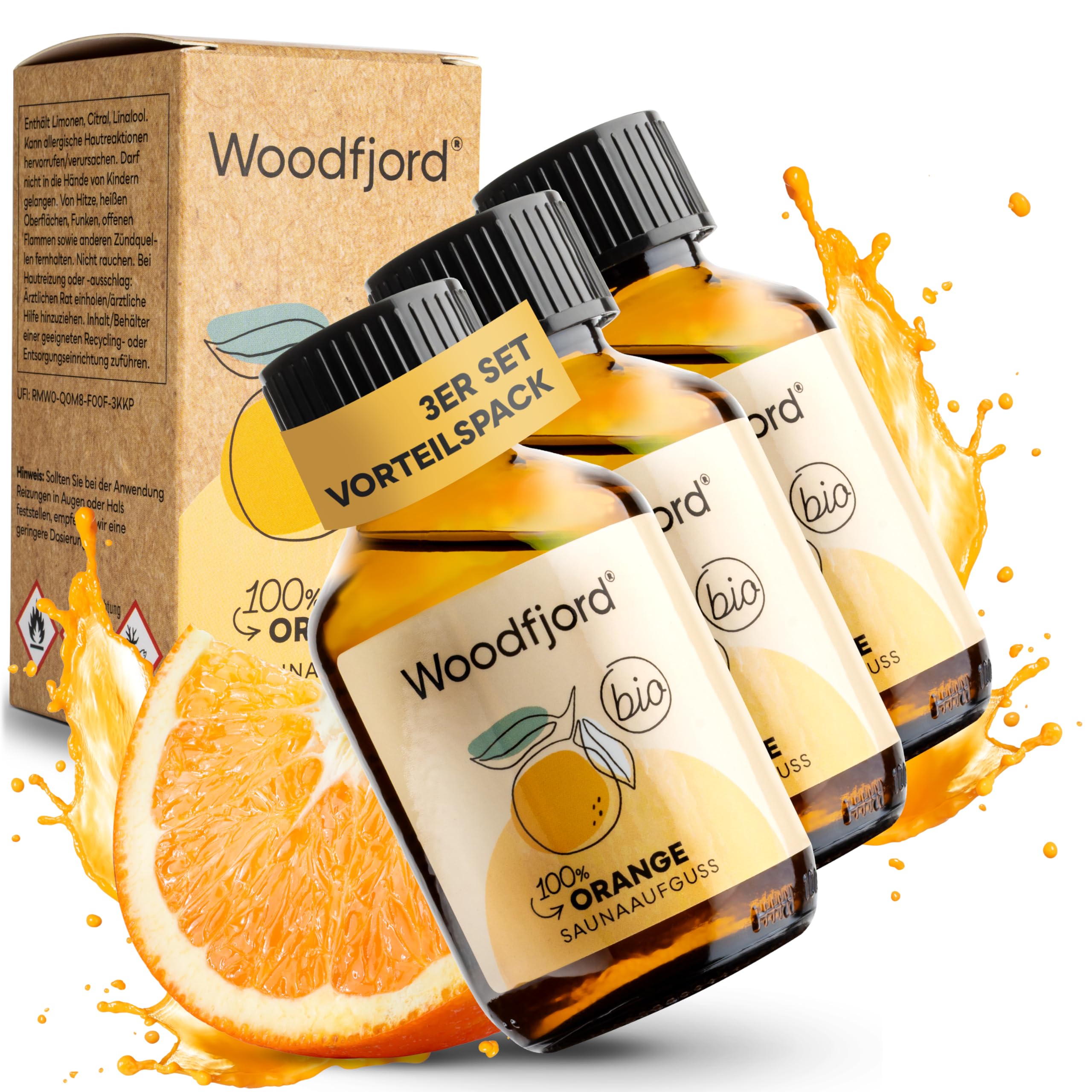 Saunaaufguss Orange BIO 3 x 100 ml I Premium Sauna Aufgussmittel für authentische und nachhaltige Saunaerlebnisse I Saunaöl und Saunaduft I Fröhlich und positiv
