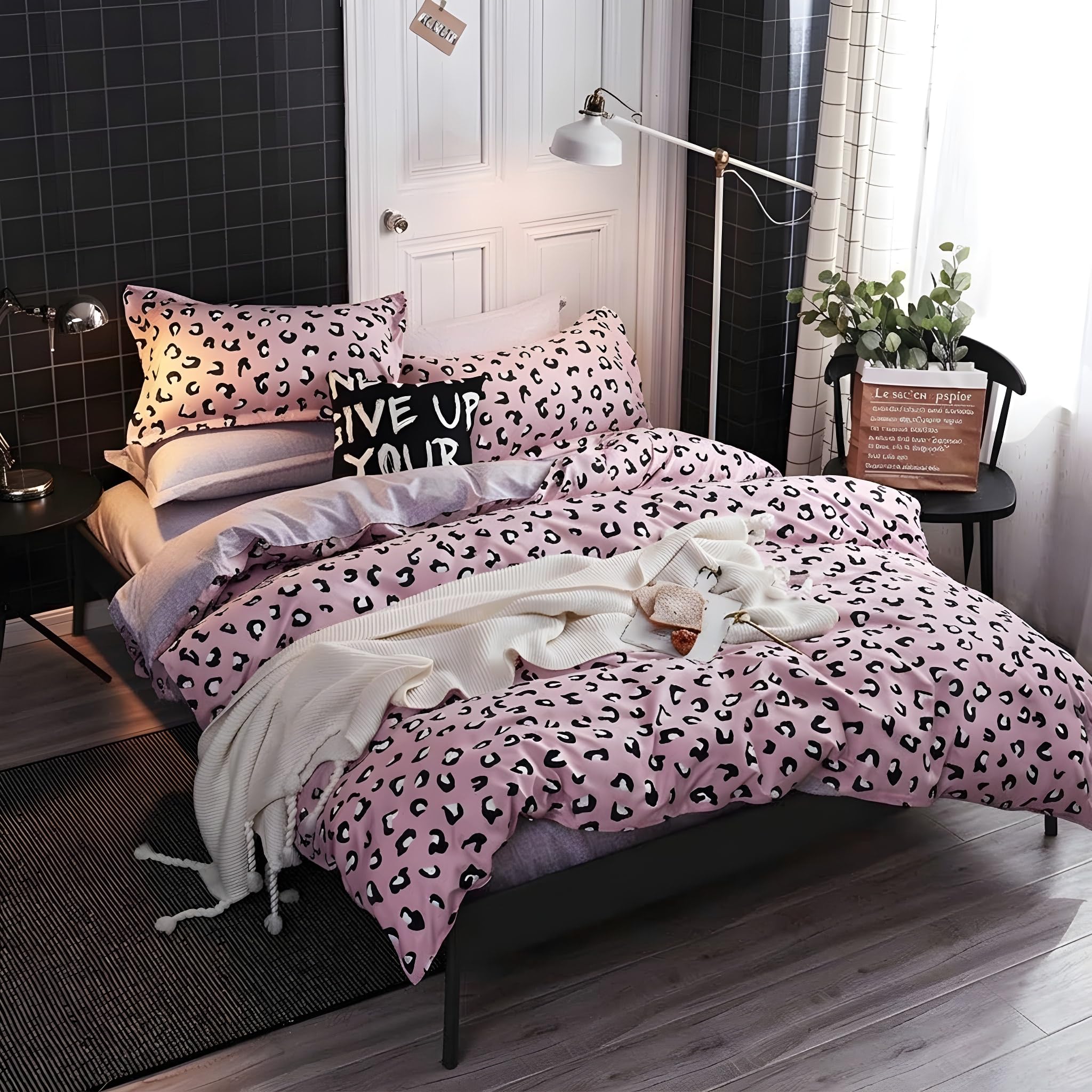 Set di copripiumino leopardato per letto singolo, 3 pezzi, morbido set di biancheria da letto per bambini, ragazzi, adulti, in microfibra leggera e resistente, (singolo, rosa)