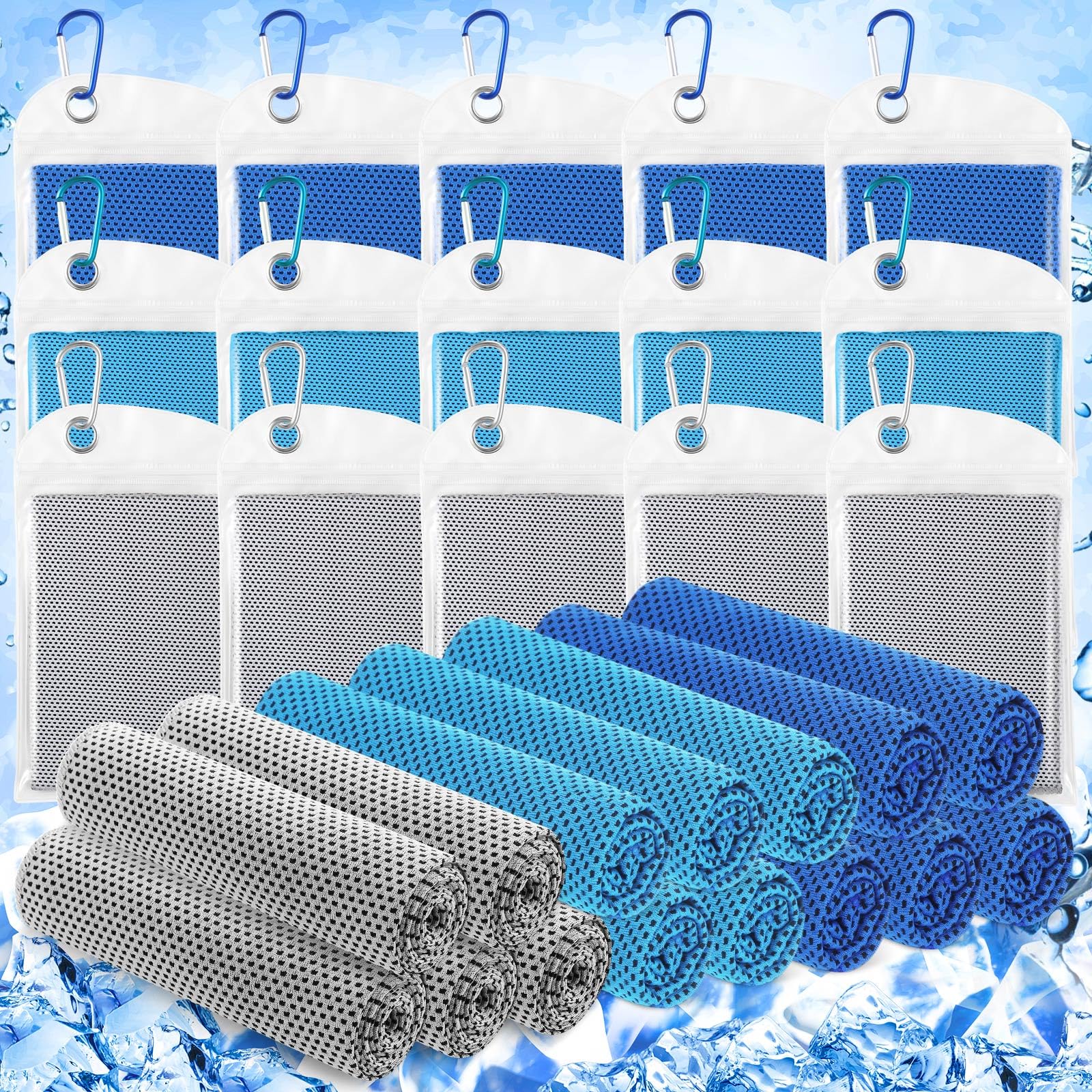Paquete de 15 Toallas refrescantes de 40 x 12 cm para Cuello y Cara. Toallas de Hielo de Microfibra Suaves y Transpirables, Ideales para Yoga en climas cálidos (Azul Oscuro, Azul c