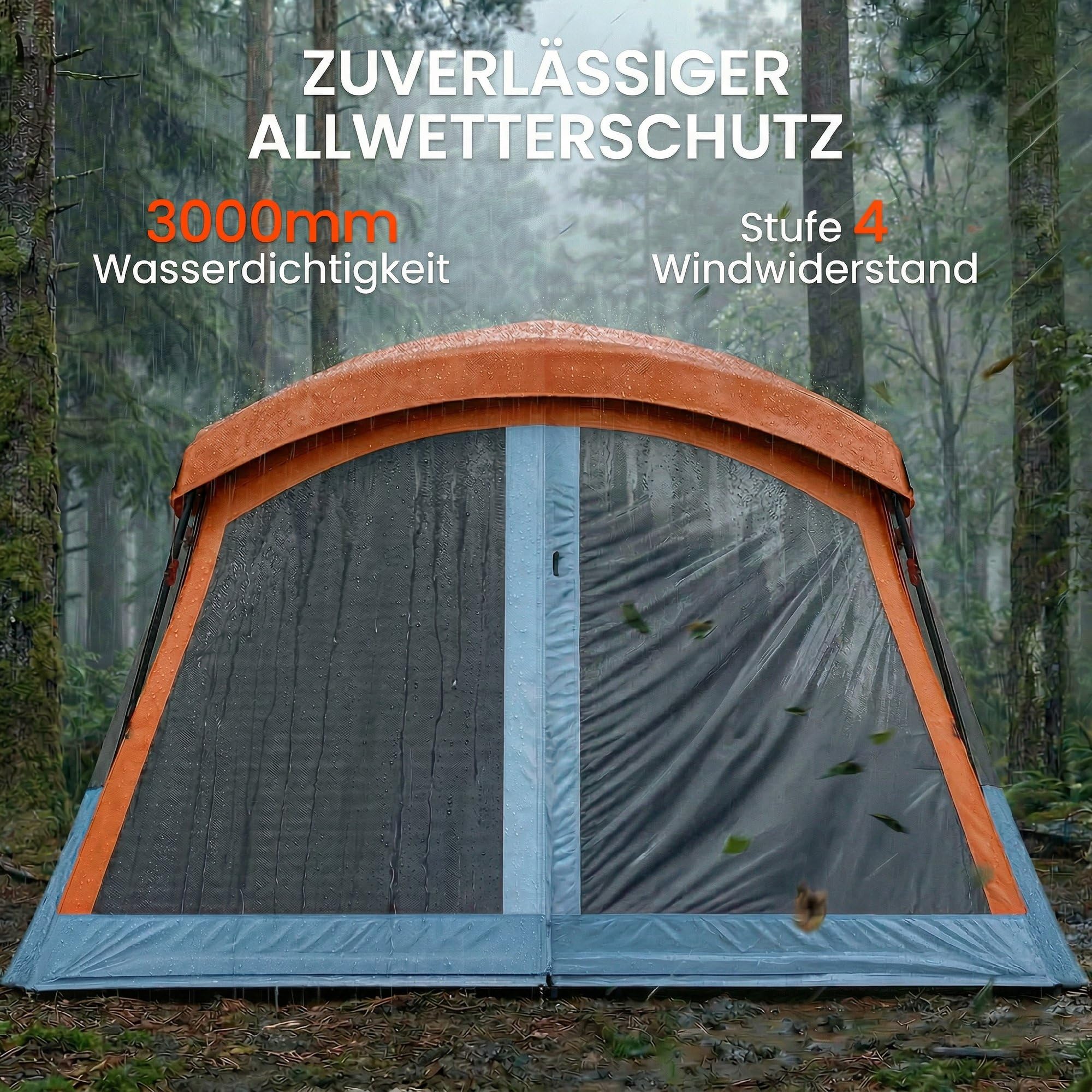 Outsunny Tunnelzelt 4 Personen Stehhöhe 3000-mm-Wassersäule Orange+Blau | Familienzelt, Schlaf- und Wohnzimmer, Dachfenstern, Bodenplane, Wasserdicht, Tragetasche, Campingzelt für Cmping