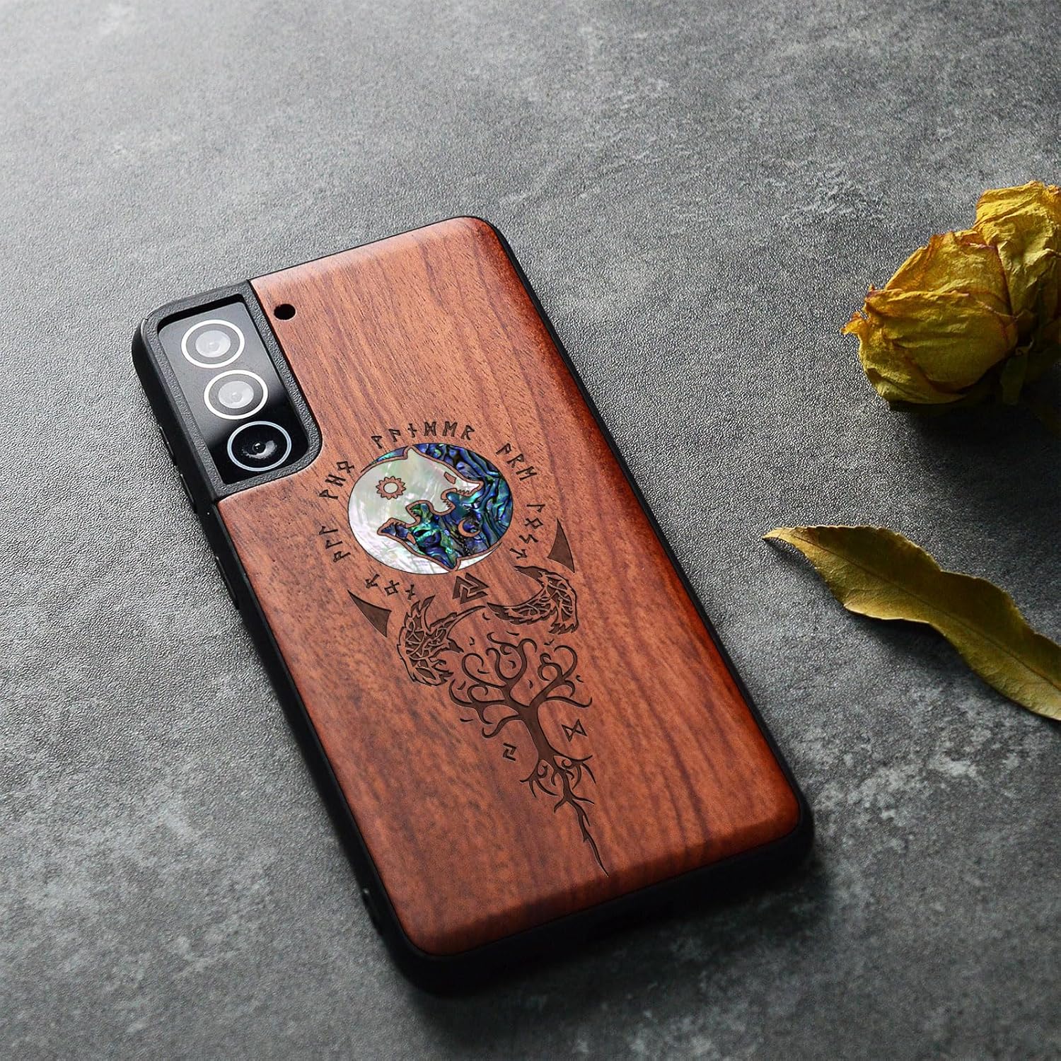 Carveit Designer Wooden Cover for Samsung Galaxy S22 Plus Case [Wood Engraving & Shell Inlay] Compatible with Wireless Chargers Galaxy S22 Plus (Yin Yang Wolf-Rosy)