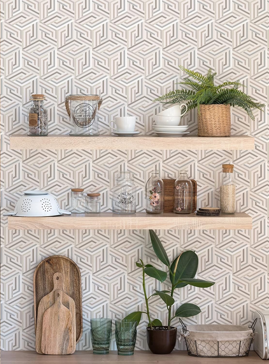 Simple Shapes Op Art Line 3D Cubes Peel and Stick Wallpaper (6 Sheet Pack -2x9 Feet, Neutral)