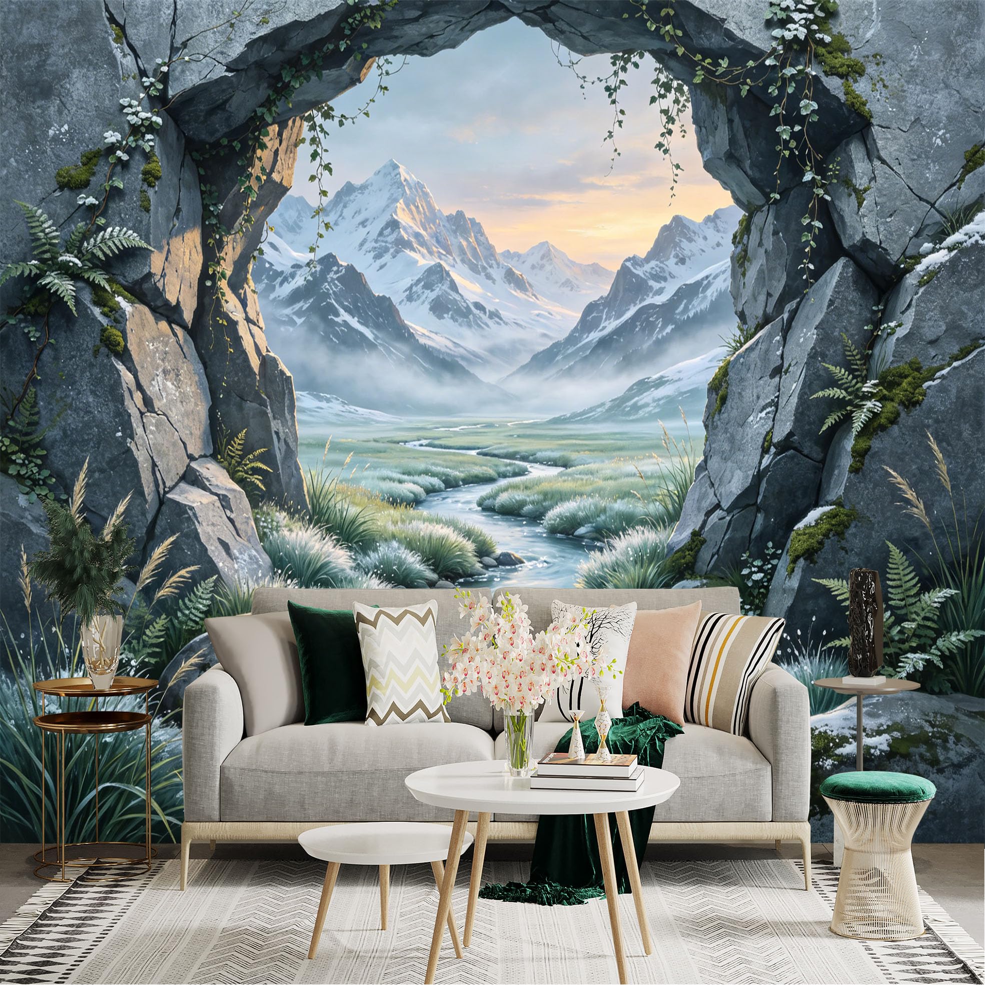 Custom Size Wall Sticker Mural， Snowy Mountains with River Valley and Rocky Cave Landscape， for wall Decoration， peelandstick wall Decals.