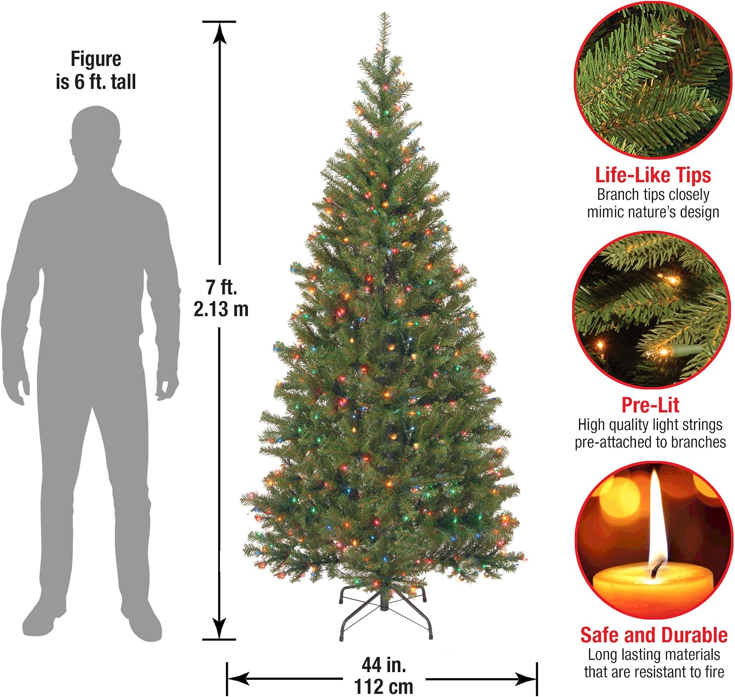 National Tree Company Pre-Lit Artificial Slim Christmas Tree, Green, Aspen Spruce, Multicolor Lights, Includes Stand, 7 Feet