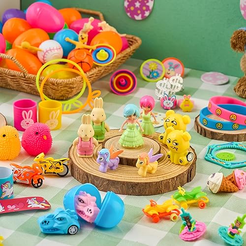 Miniatura 7 de JOYIN 60 huevos de Pascua con calcomanías de juguetes en el interior, búsqueda de huevos de Pascua precargados con juguetes surtidos para niños y