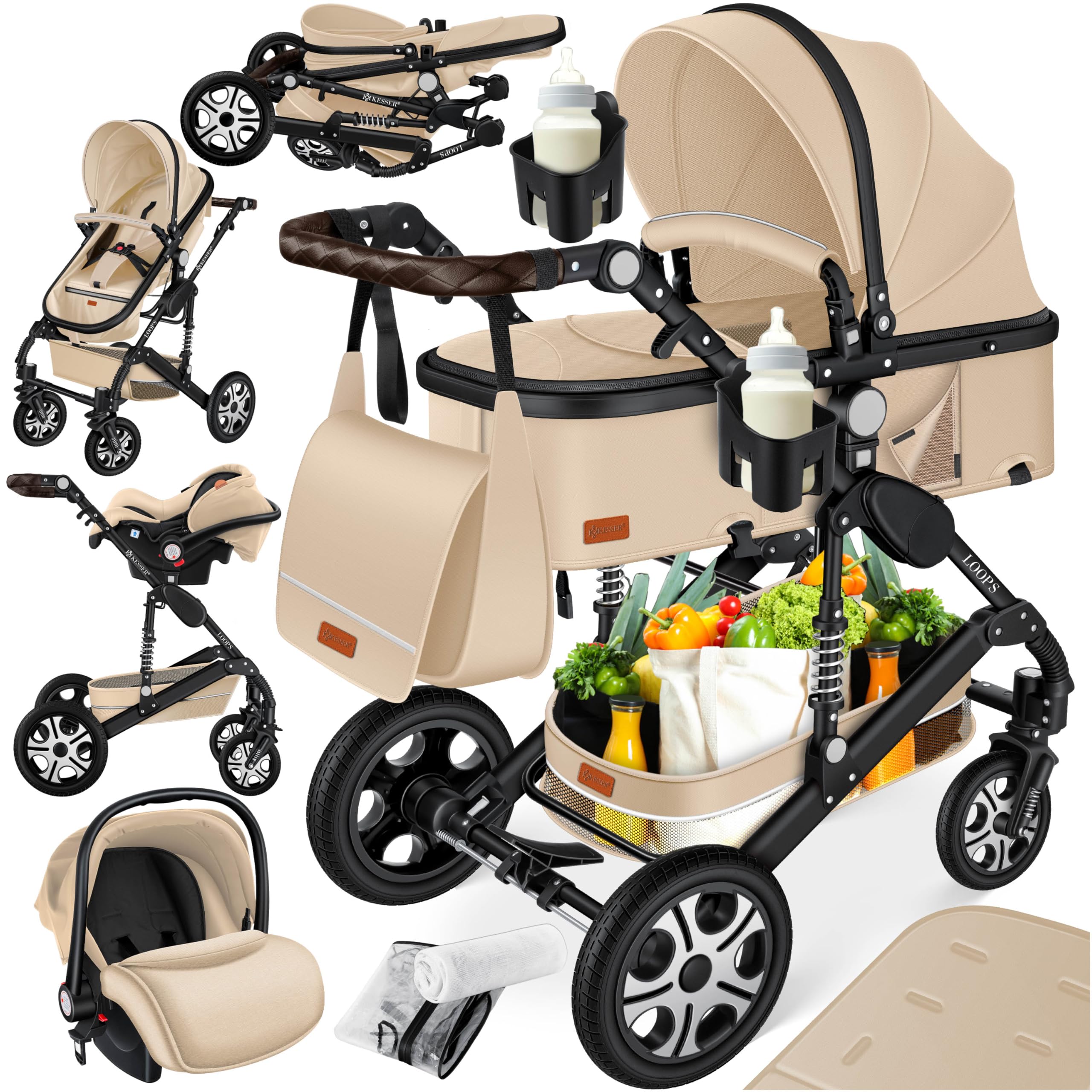 KESSER® Loops 3 in 1 Stroller combo juego completo de sillas de paseo incl. Asiento deportivo para bañera y silla de paseo, neumáticos de caucho macizo, bolso cambiador